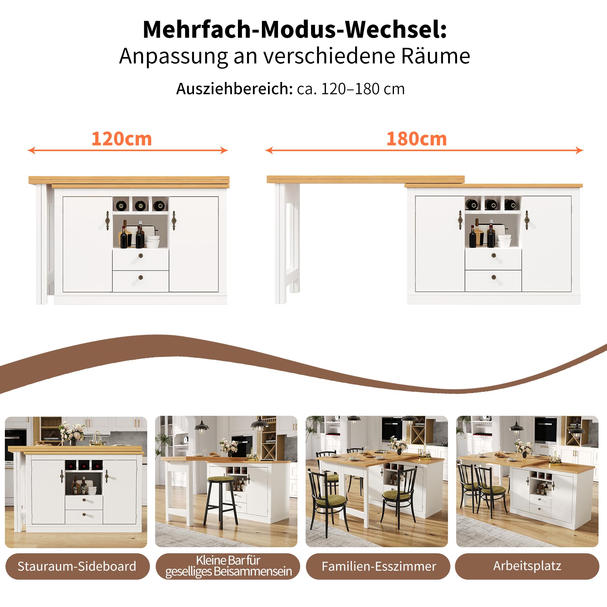 Hochwertiger Ausziehbarer Bartisch mit 360° Drehfunktion und Stauraum,Längenverstellbar von 120-180cm, Wohnzimmer, Esszimmer, Homeoffice,ausziehbarer Design-Stehtisch