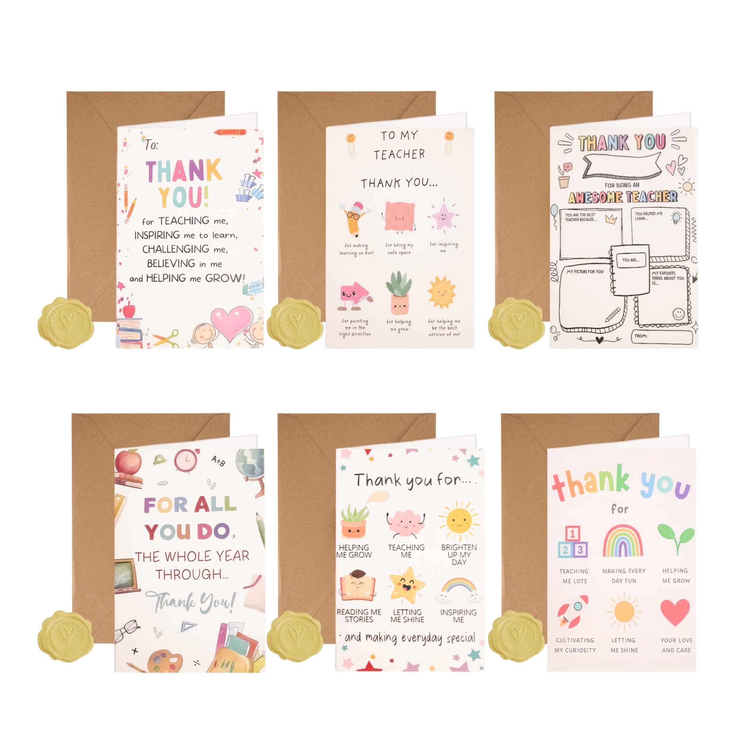 Thank You Cards, Pack of 6 Thank You Teacher Cards With Envelopes, Assorted Designs Thankyou Gifts For Teacher, Cute Notes For School Teachers Teaching Assistants, End Of Term & Year Thankyou Gift