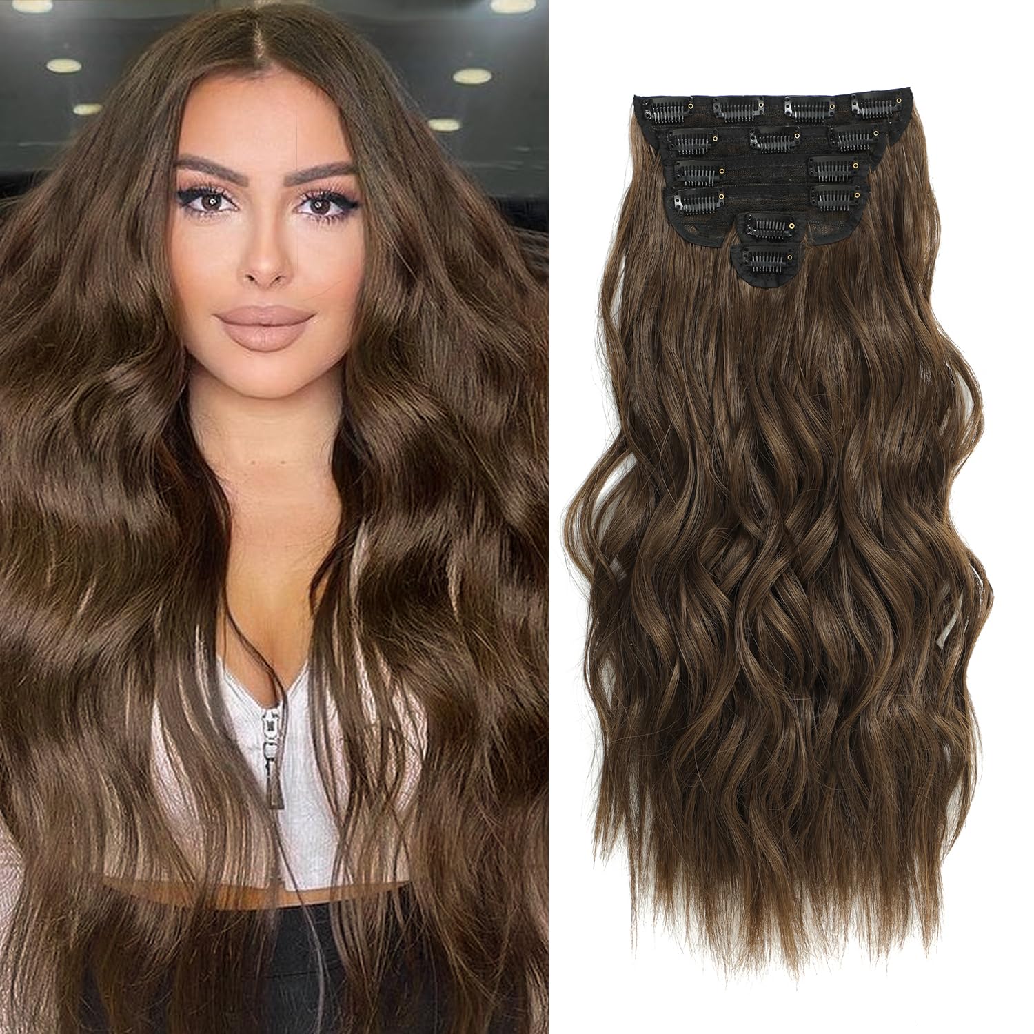 clip in hair extensions, 6 pcs natural & soft hair & blends well hair extensions, medium brown long wavy hairpieces(20inch, 6pcs, medium brown)