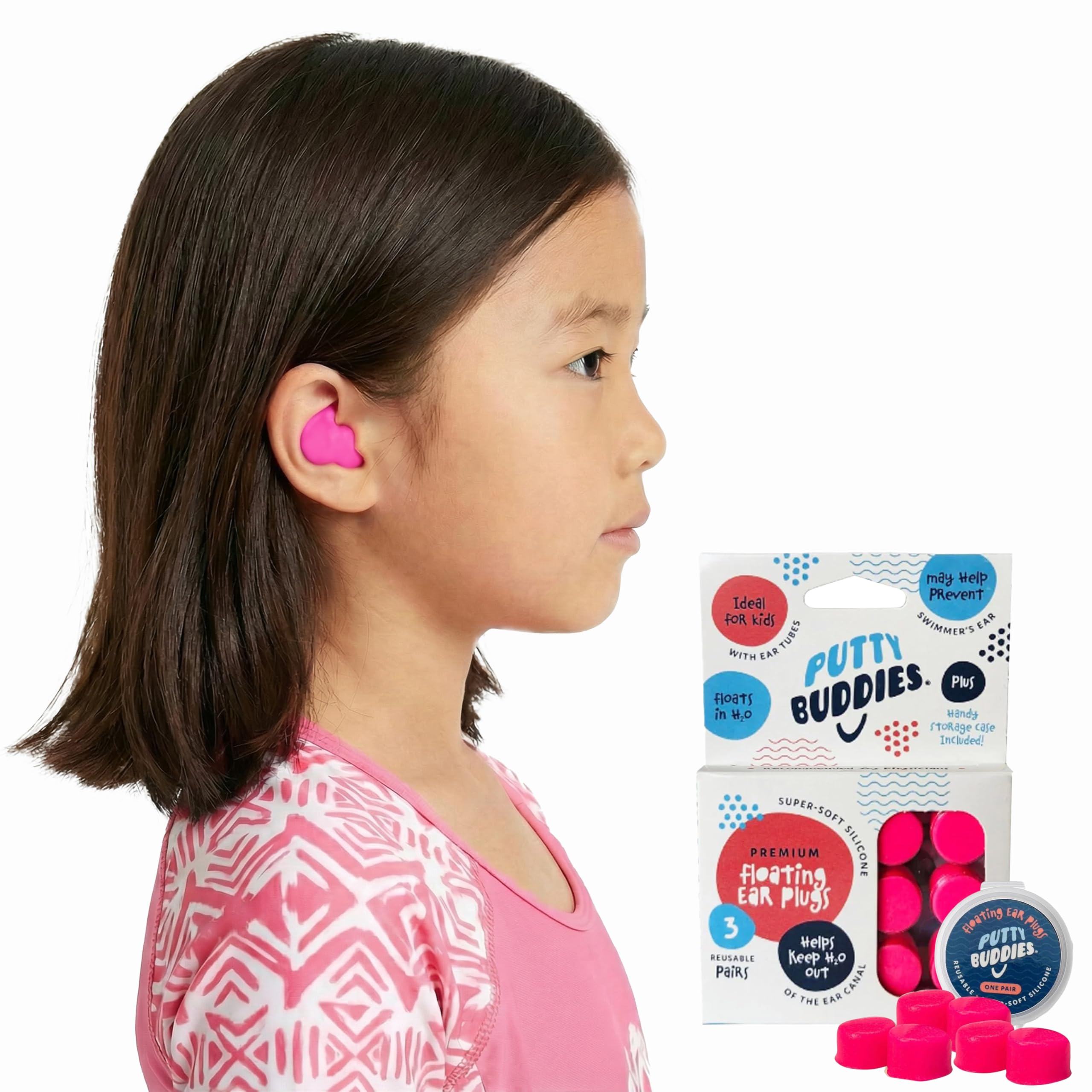 Earvolution Floating Putty Buddies Ear Plugs for Swimming - Invented by an Ear Physician - Moldable, Premium, Silicone - Floats on Water - Waterproof - Made in The USA - 3 Pack - Hot Pink