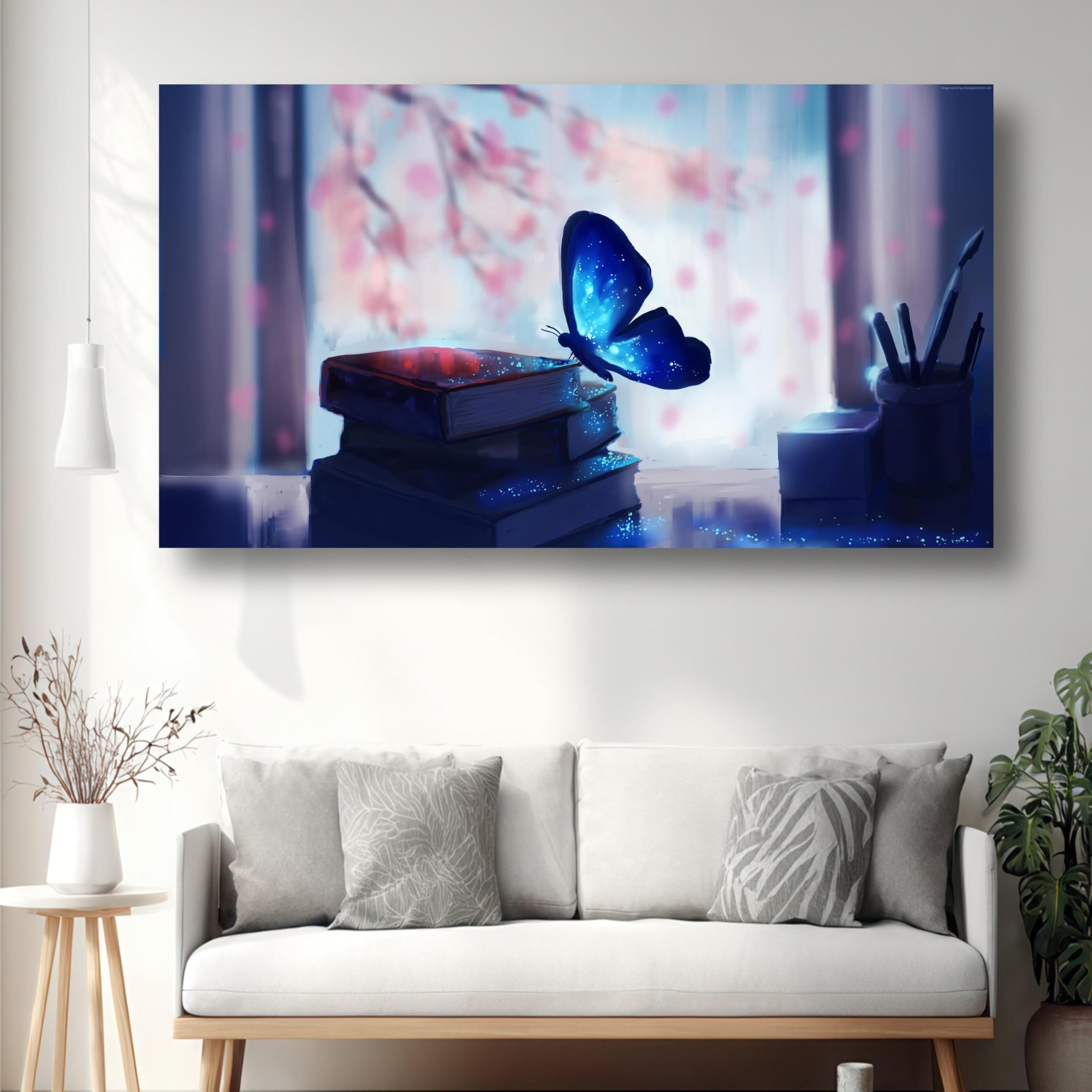 XINBAO Mariposa azul, lienzo de pila de libros, arte mural de fantasía, decoración de estudio de ensueño, lienzo de naturaleza mística (80 x 140 cm/marco interior)