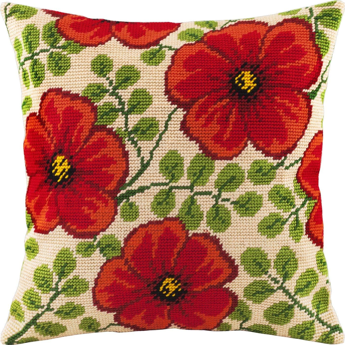 Brvsk Floral Stamped Cross-Stitch Kit for Adults and Beginners โ Red Flowers 16โณโรโ16โณ with Clear, Precise Printed Design on Cotton Canvas; Includes 2 Needles, Yarn, and Easy-Read Chart