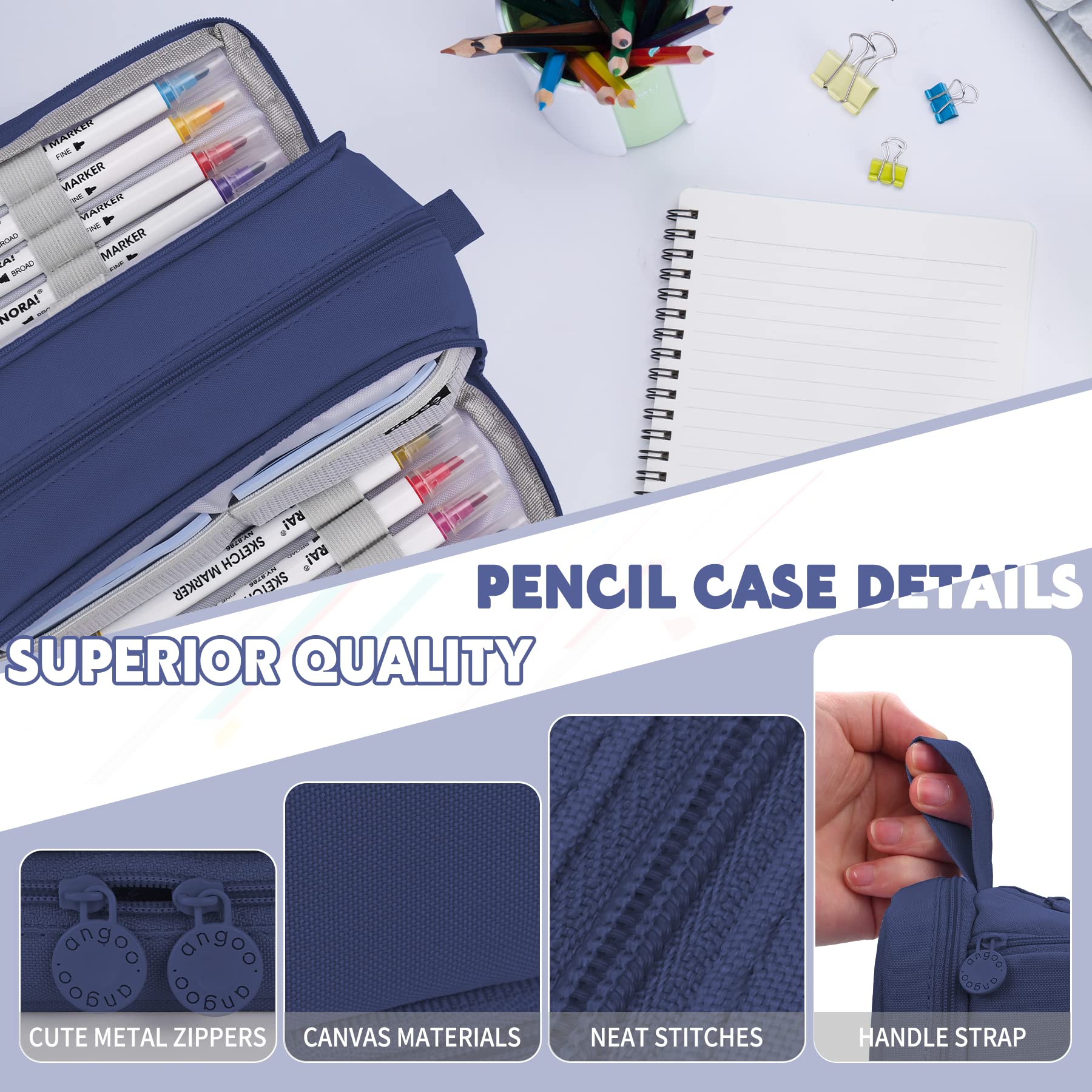 Pencil Case Howala Large Capacity Pencil Pouch for Girls Boys with 4 Compartments Multifunctional Pen Bag Stationery Organizer Office Makeup Bag Portable Pen Bag for Teenage Adult Women Men Dark Blue - Image 4