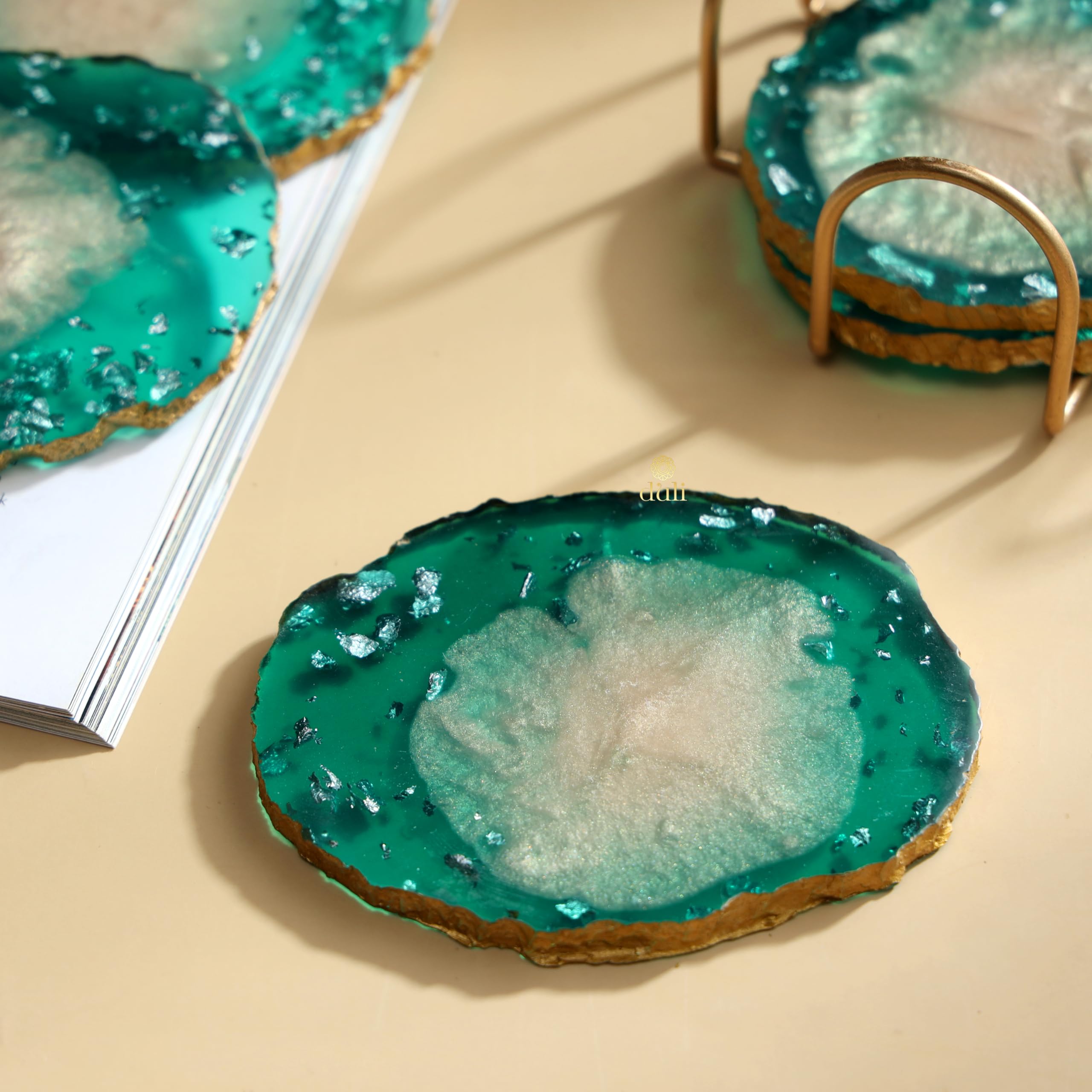 DULI Resin Coasters Set of 6 with Stand - Bar Wine Coasters for Table - Set of 6 Classy Yet Stylist Handmade Marble Stone Coaster Set with Holder (ResinCoasterW/G-Stand:GreenMetallicFlake)