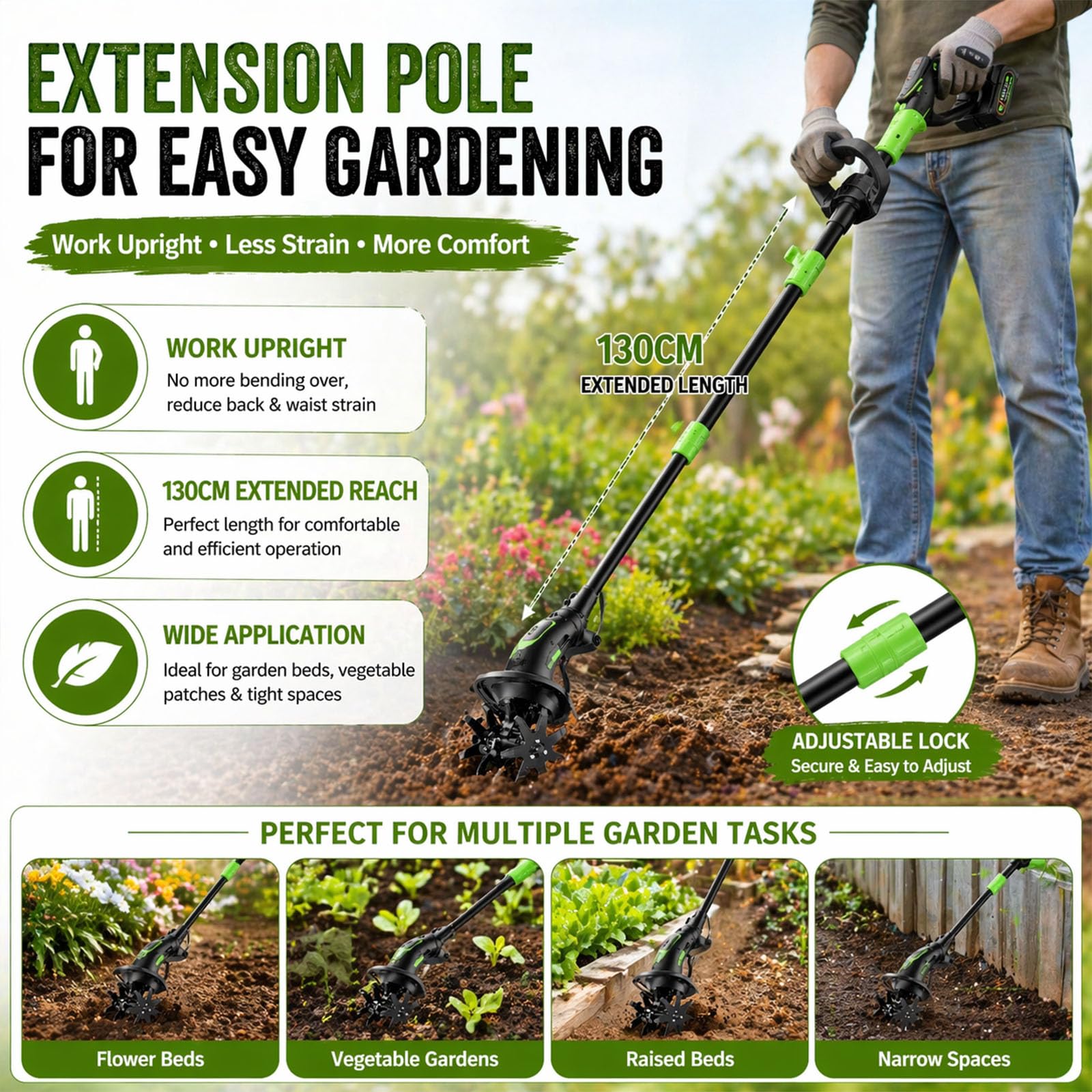 2026 New 24V 2 in 1 Cordless Tiller and Cultivator with Extension Pole,Cordless Tiller Cultivator,Handheld Tiller and Hand Held Cultivator for Garden,Weeding, Trenching (Green(2*Battery+1*Pole)) - 4