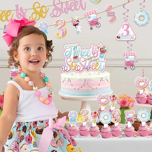 Miniatura 5 de Decoraciones de tercer cumpleaños para niñas, decoraciones de tercer cumpleaños rosa, decoración de fiesta de cumpleaños de helado con pancarta de