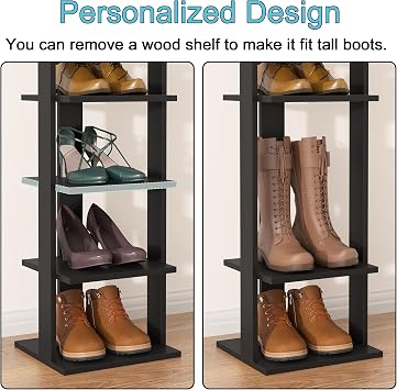 HOME BI 11-Tier Vertical Shoe Rack, Corner Shoe Tower, Slim Shoe Organizer with Two Hanging Hooks, Wooden Shoe Storage Stand for Entryway, Hallway, Closet, Black