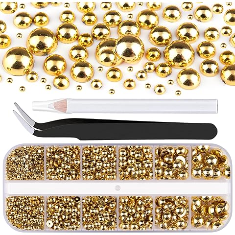 Belleboost Gold Nail Charms and Gems, Half Round Flatback Pearl Nail Charms, Nail Pearls Rhinestones Kit Gold Beads for Nails with Pickup Pencil and Tweezer for DIY Nail Art, Face Makeup and Crafting