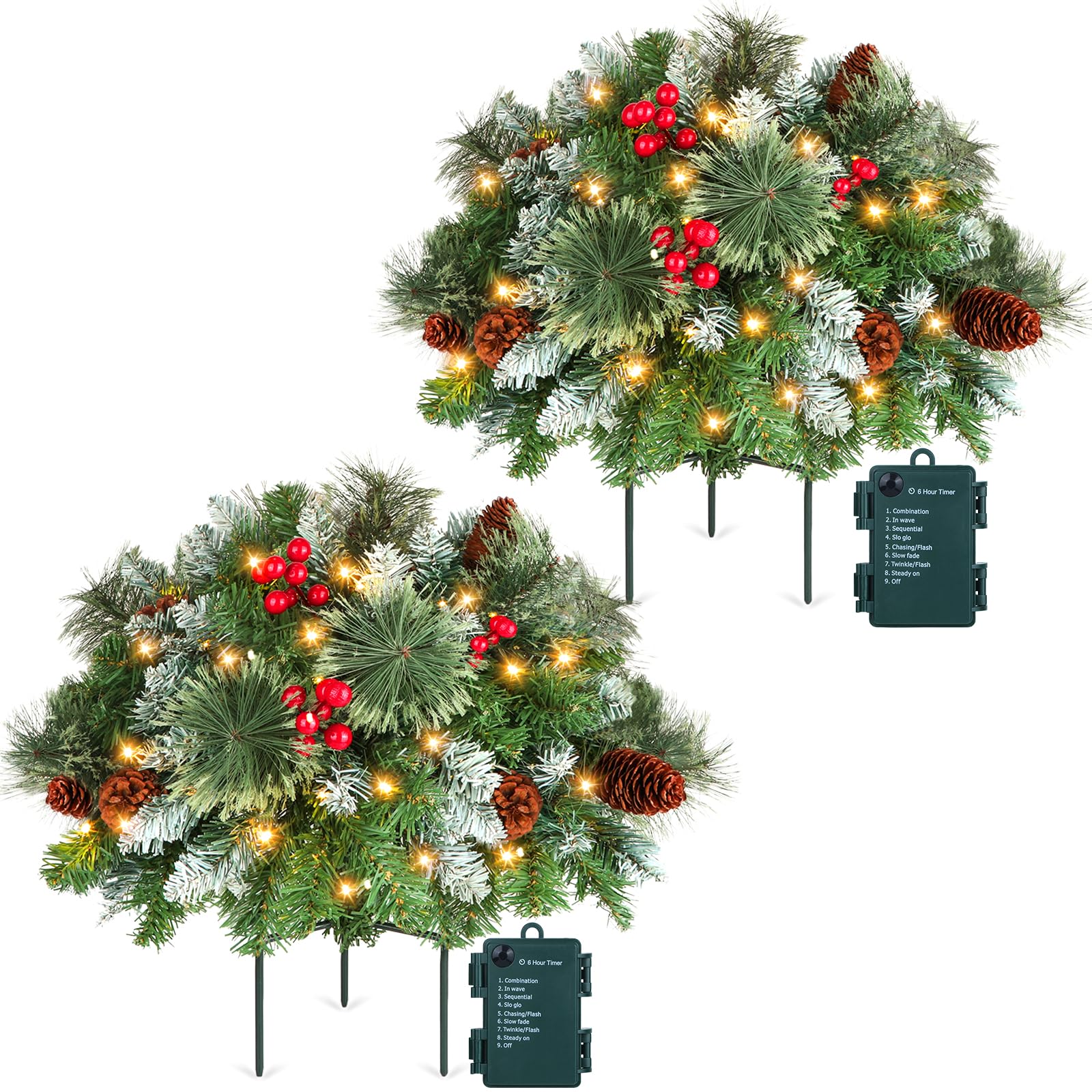 21.65" Pre-lit Christmas Urn Filler with Tripod Stake Set of 2, Lighted Artificial Christmas Tree Outdoor Front Porch Planter Filler Flocked Pine Trees Holiday Home Decor, Battery Powered