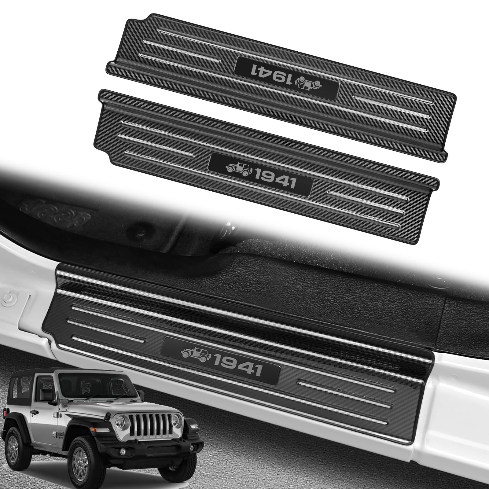 2PCS Door Sill Protector for Jeep Wrangler JL JLU 2018-2025 2026 & Gladiator JT 2020-2025 2026 Accessories Stainless Steel 2-Door Car Pedal Kick Protection (Carbon Fiber)