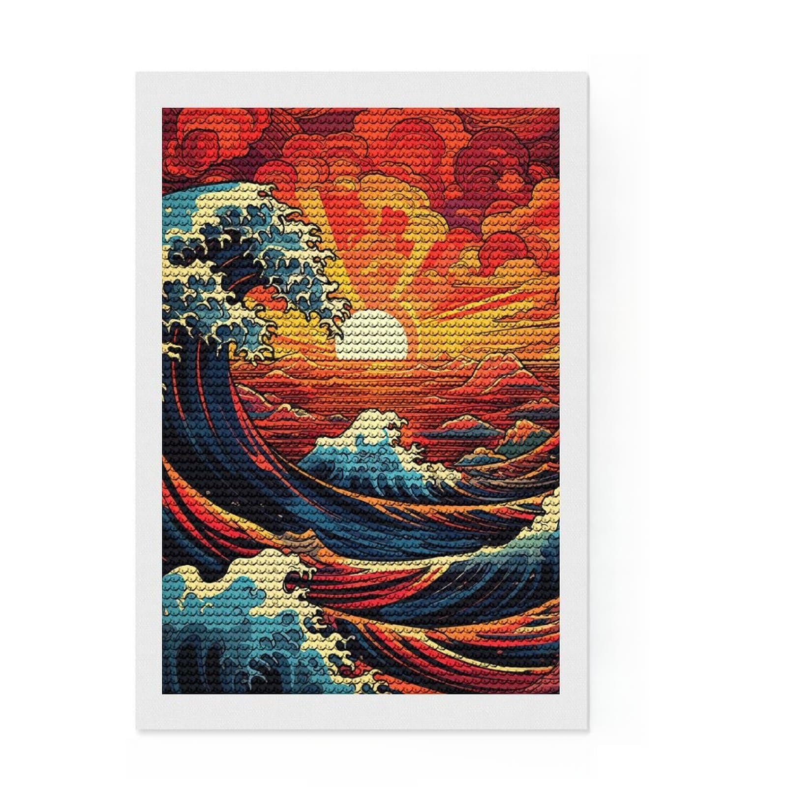 Junmoney Stylized Ocean Waves at Sunset 5D Diamond Painting Kit 8"x12", Easy to Enjoy, Cute Room Decor, Full Kit Included, Creative Gift Idea