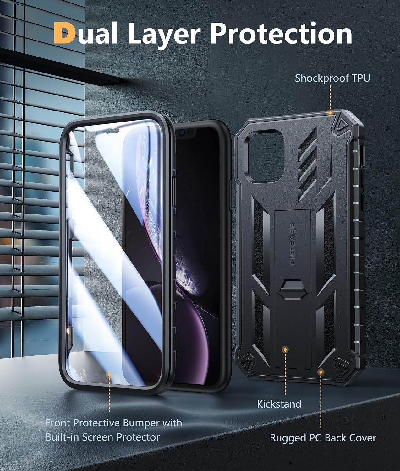 FNTCASE for iPhone XR Case, with Built-in Screen Protector, Kickstand Black | 20FT Military-Grade Drop Protection, Anti-Slip Matte Textured, Rugged Heavy Duty Shockproof TPU Protective Phone Cover, Black