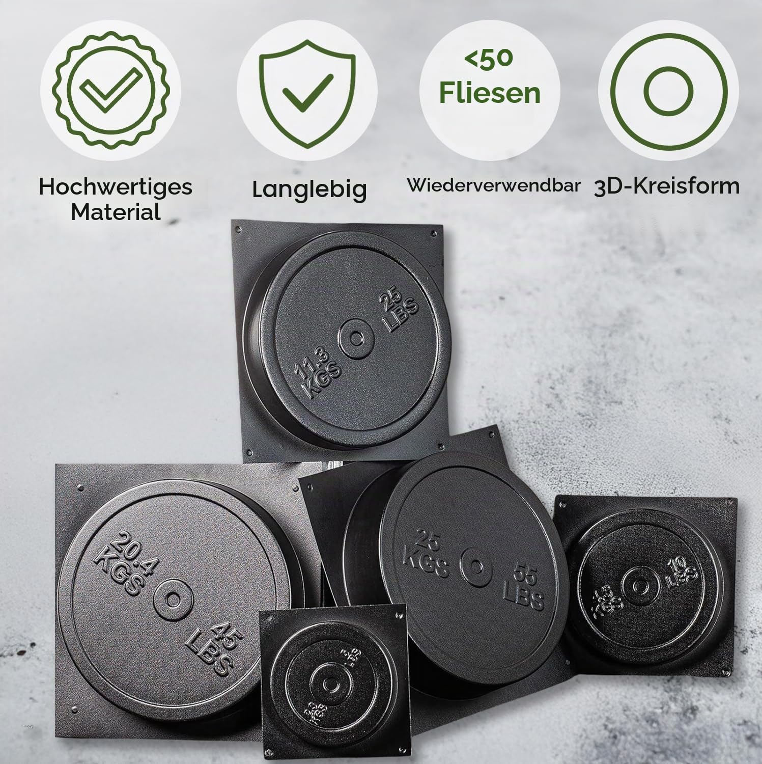 BETONEX Beton-Hantelscheiben, Kunststoff, ABS, 2 mm, olympische Betongewichtsformen, Zementgewichtsform, DIY, Hantelscheiben, Betonplatten, Langhantelscheiben, 5 Stück