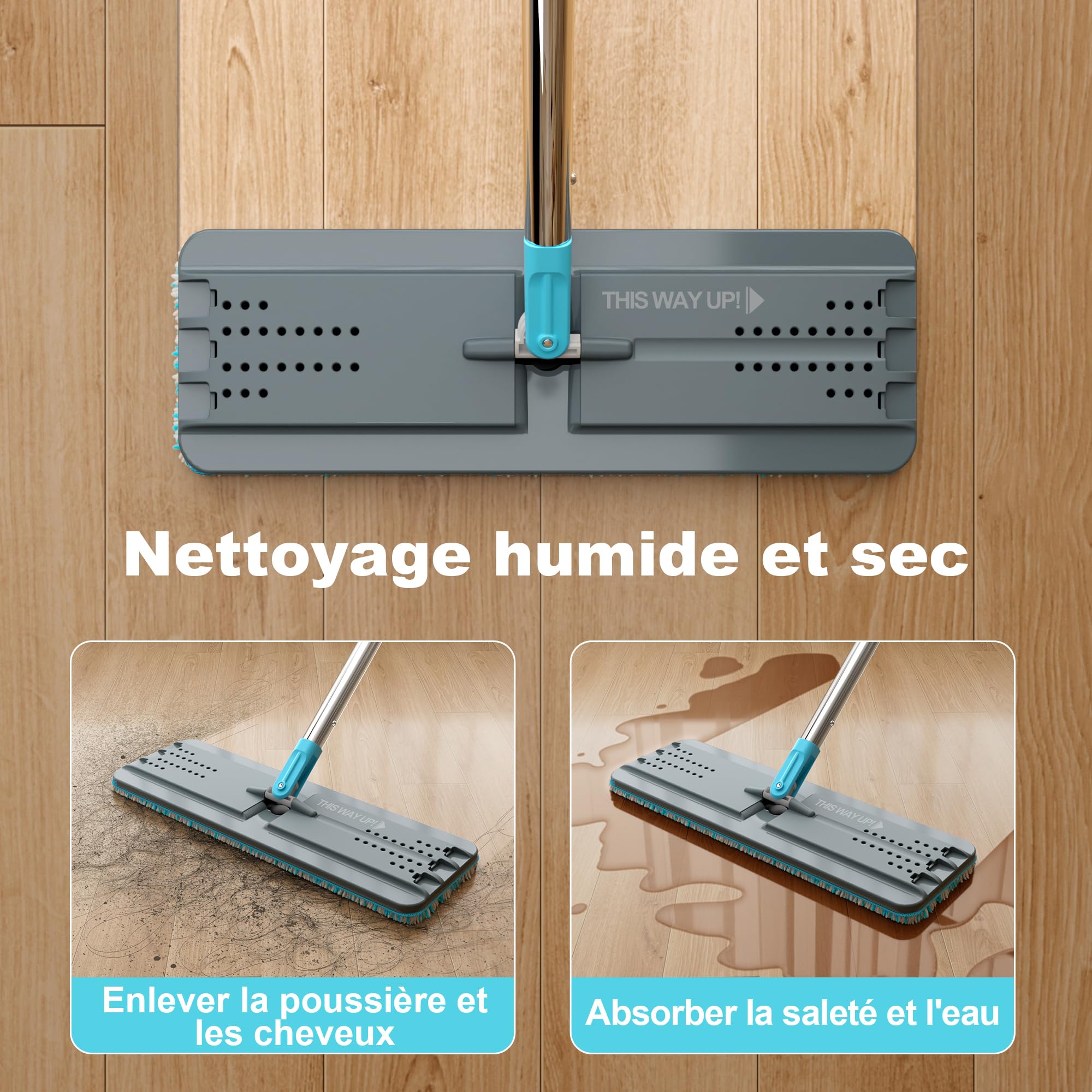 JOYMOOP Ensemble Mopa Et Seau avec Essoreuse, 5 Tampons Microfibre Réutilisables, pour Sols Et Murs, Mopa Mains Libres Usage Domestique - Gris + Bleu Cyan