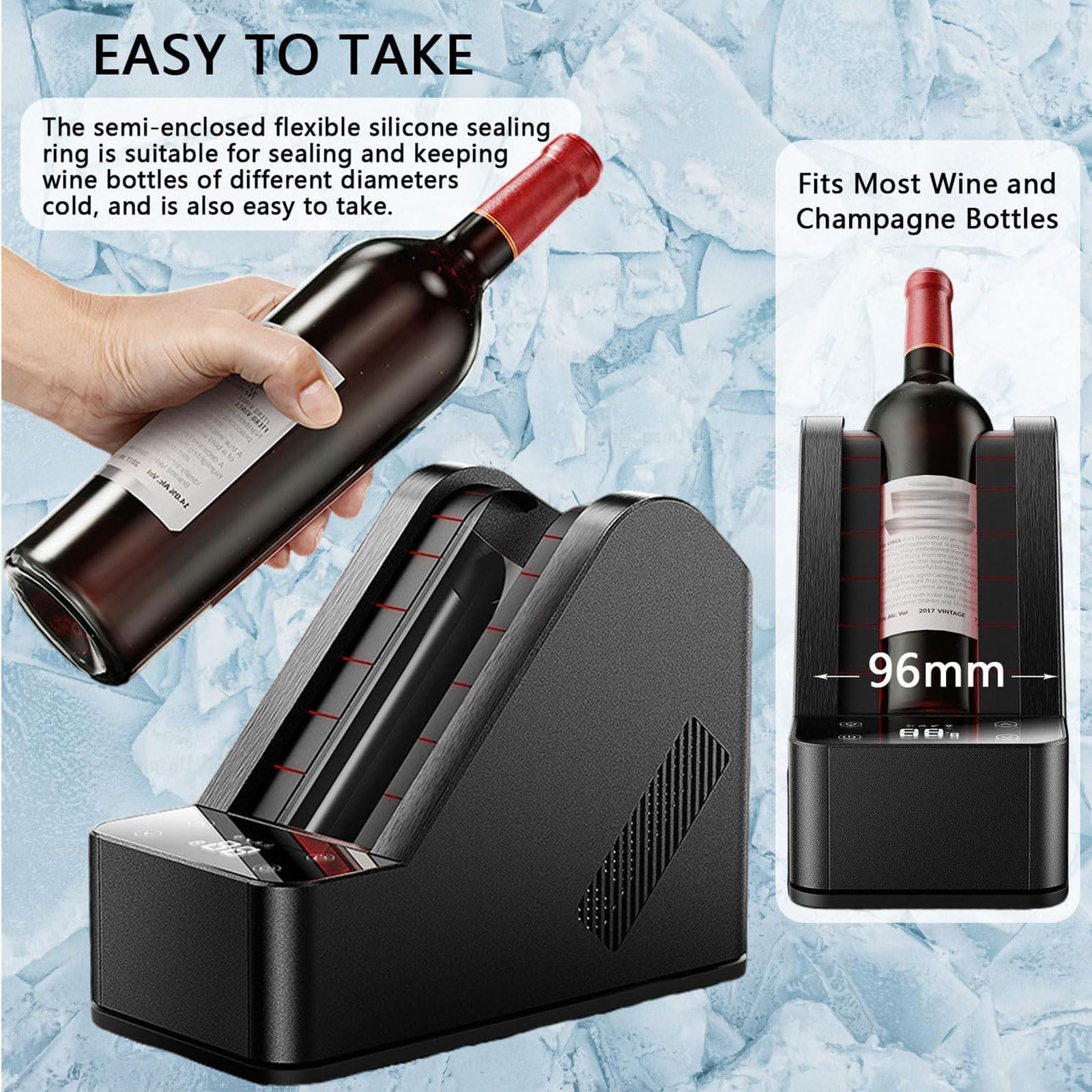 Enfriador de vino eléctrico, enfriador de botella individual de 750 ml, control de 5-20 °C, compartimento de 96 mm, pantalla LCD y refrigeración semiconductora sin hielo para vino tinto, blanco