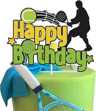 Happy Birthday Tennis Cake Topper - Tennis Player Racket Ball Decor, Sport Themed Party Supplies for Kids Birthday