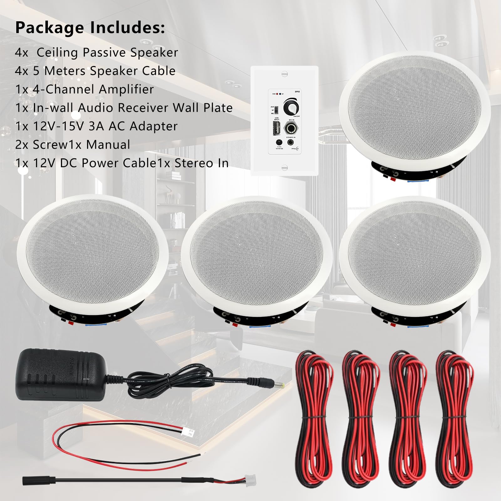 Lot de 2 haut-parleurs de plafond Bluetooth de 16,5 cm avec amplificateur mural 600 W pour home cinéma, bureau, salle de bain, salon, cuisine