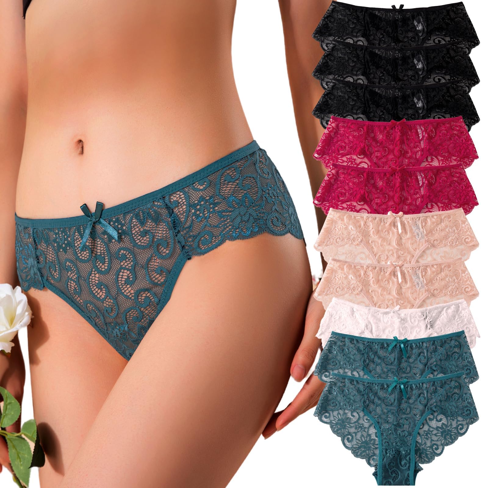 Kingfung 6 Pack Cheeky Underwear for Women Lace No Show Bikini Soft Breathe Seamless Panties Ladies Sexy Hipster