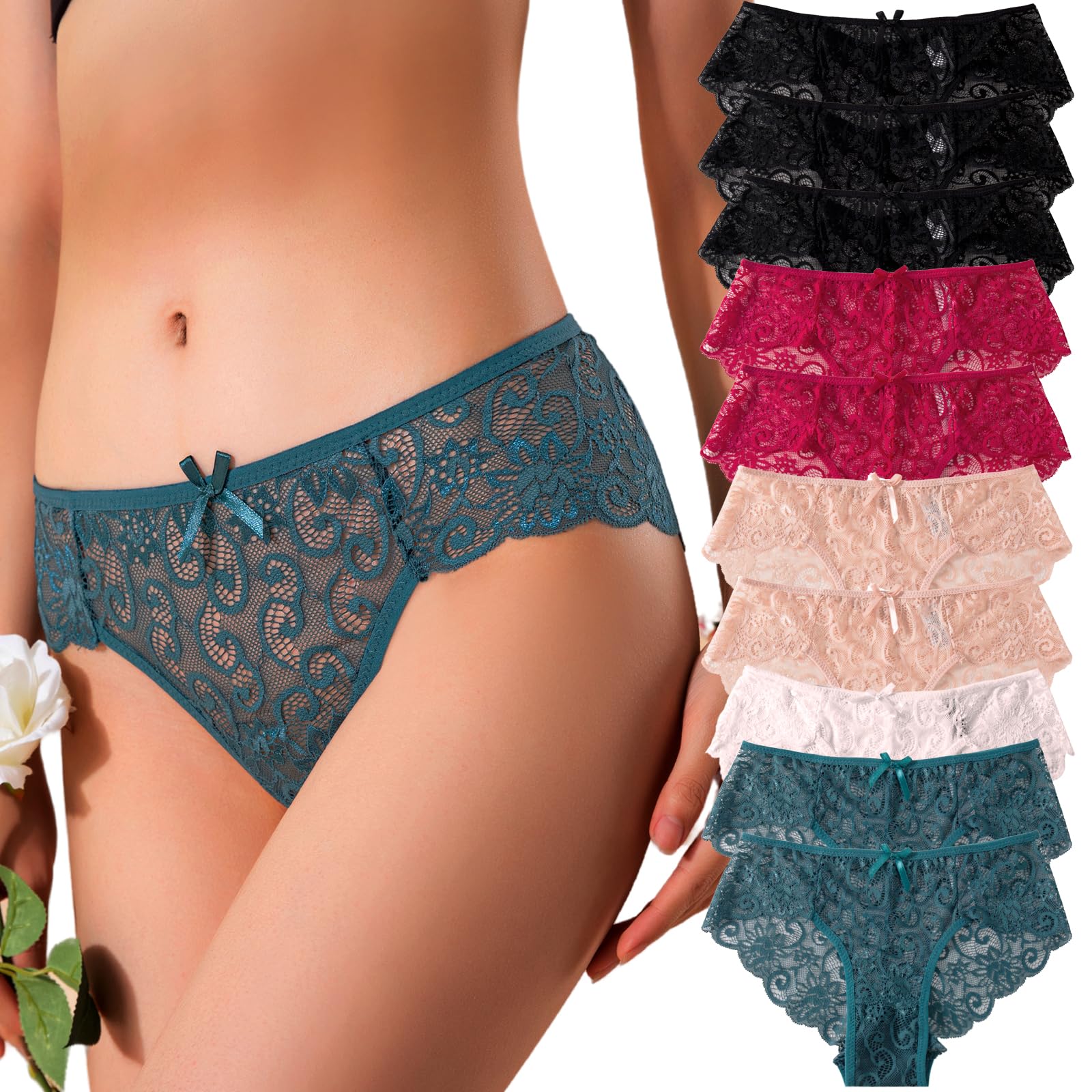 Kingfung 6 Pack Cheeky Underwear for Women Lace No Show Bikini Soft Breathe Seamless Panties Ladies Sexy Hipster