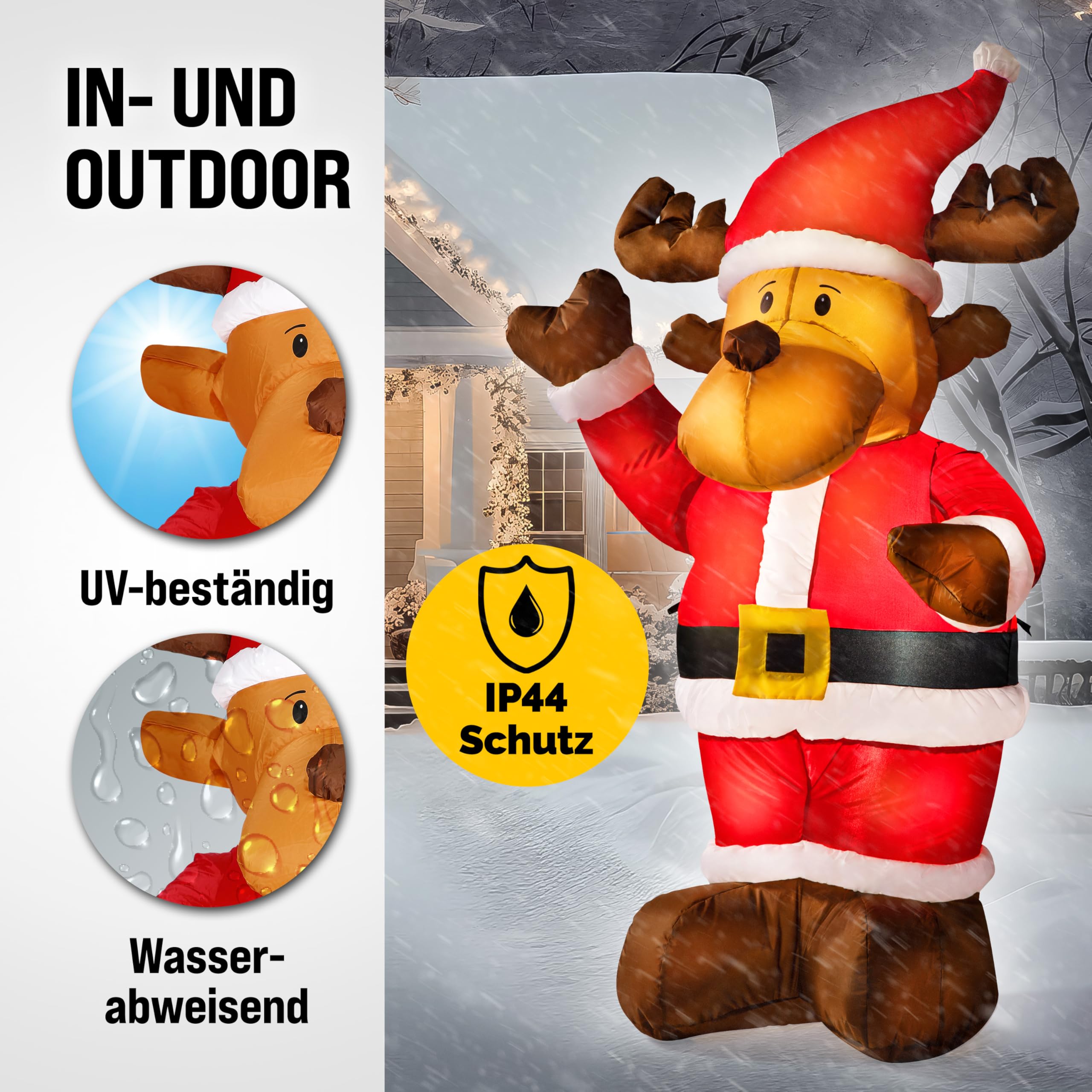 MONZANA® Aufblasbares Rentier 135cm LED Beleuchtet Befestigungsmaterial IP44 Außen Witterungsbeständig Weihnachtsdeko Weihnachtsfigur Christmas | 135 cm, LED, Beleuchtet, Befestigungsmaterial, IP44, Außen, Witterungsbeständig, Weihnachtsdeko, Weihnachtsfi