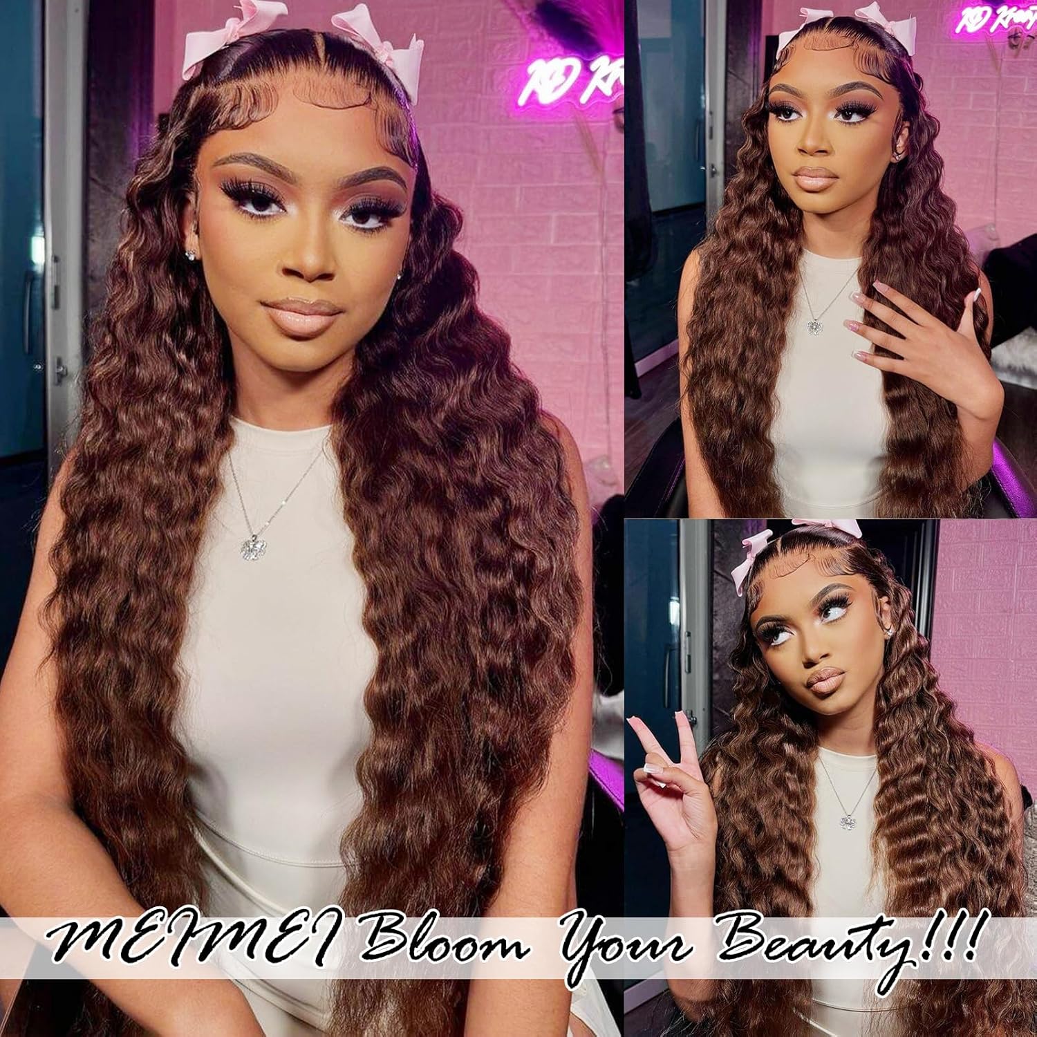 MEIMEI 32 Inch 250% Density HD Full Lace Front Wigs Human Hair Loose Deep Wave Chocolate Brown 15A Grade Real Full Large Lace Space Brown 13x4 Loose Wave Lace Frontal Wigs Human Hair Pre Plucked