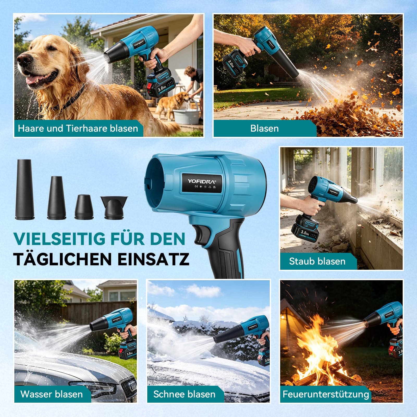 Yofidra Upgrade Turbo Gebläse Akku, Bürstenloses Laubbläser Akku, 300m/s Jet Fan mit 2 Akkus, 3 Gang, 4 Düsen, 33,000RPM Turbo Fan für Laubblasen Auto Laub, Schnee, Staub