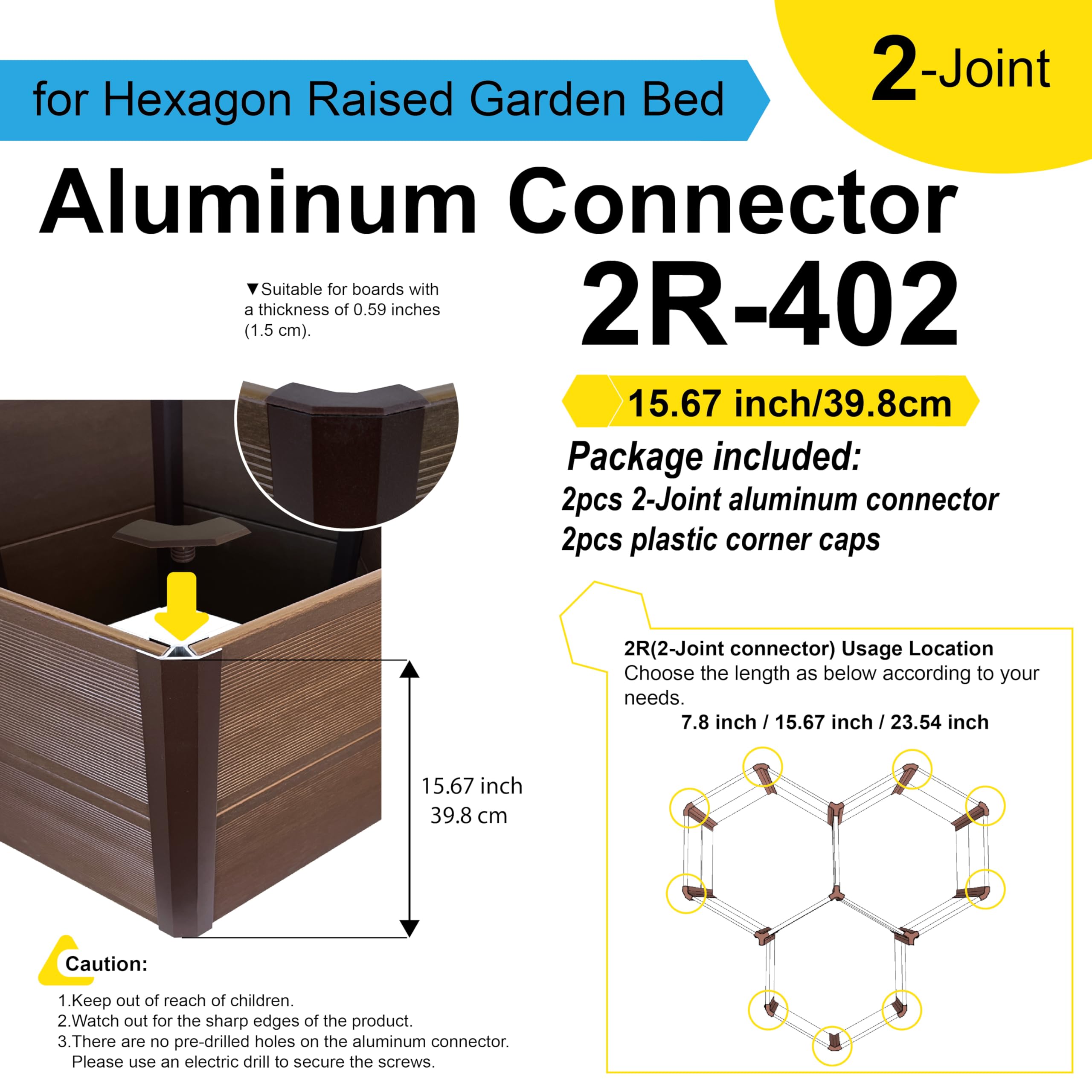 Aluco Wood 2-Joint Aluminum Connector Kit for Hexagon Raised Garden Bed, Corner Brackets for Planter, 2Pack and Complete with 2Pcs Corner Caps (H:15.67inch)