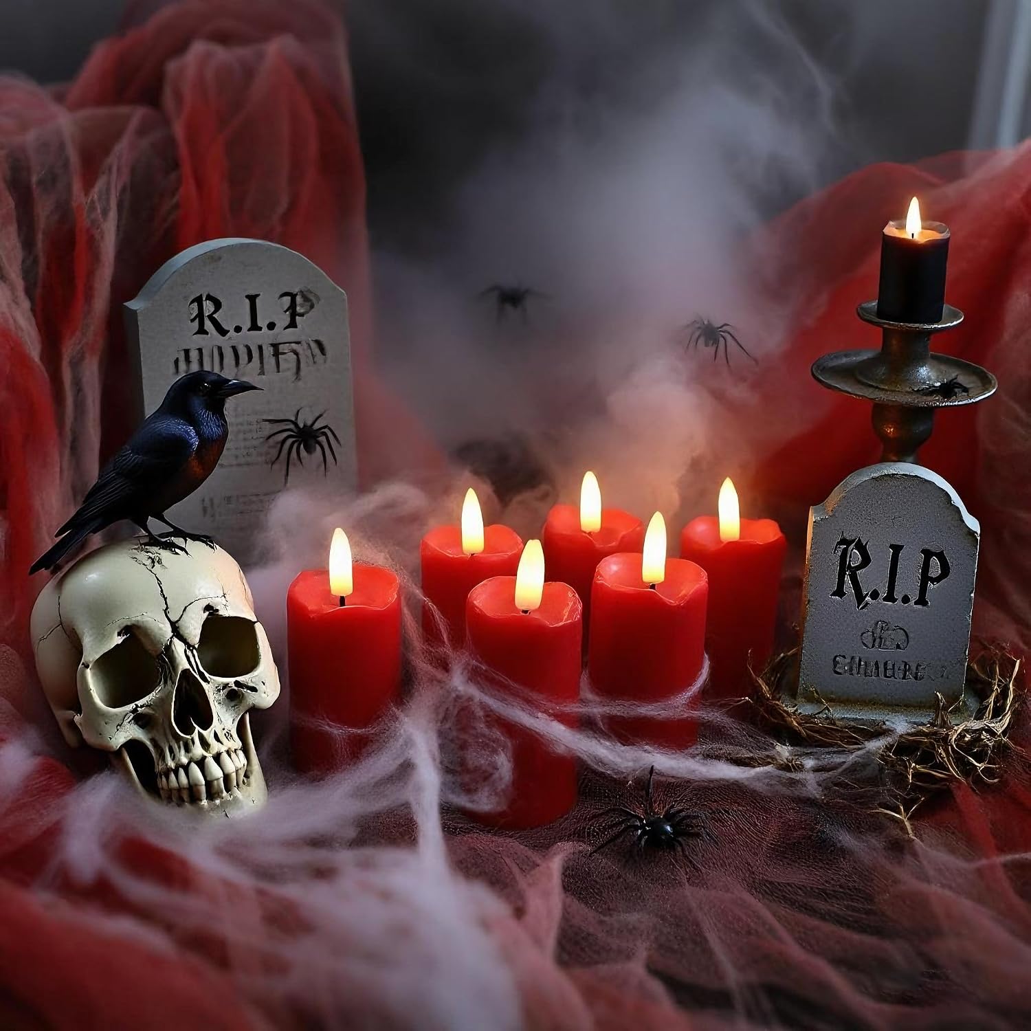 Battery Operated Plastic Flameless LED Drip Pillar Candle with Cycling Timer, Red Flickering Realistic Electric Light for Christmas Halloween Indoor Home Dinner Party Centerpiece Fireplace Decor 6Pcs