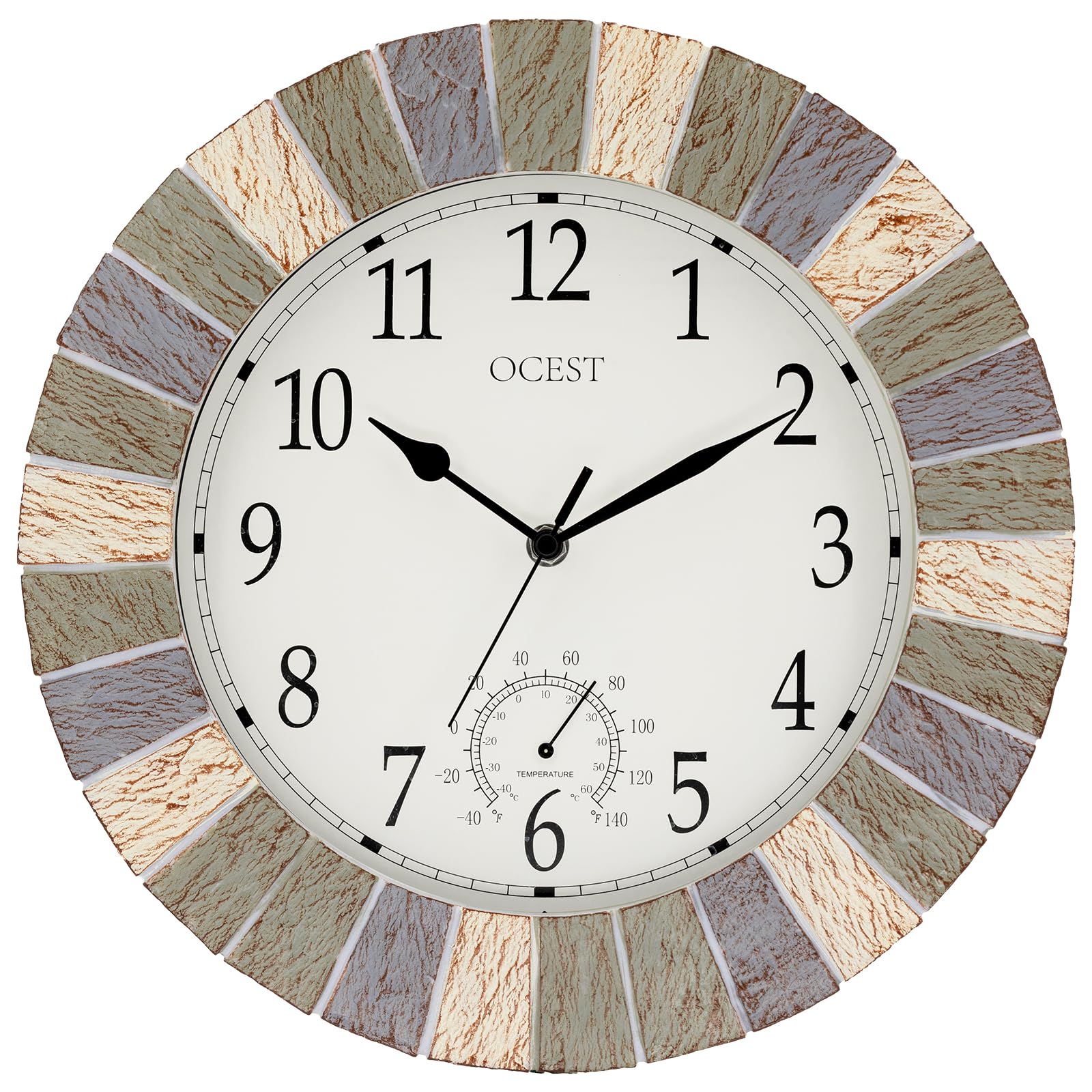 OCEST Reloj de 13 pulgadas para interiores y exteriores, impermeable, con termómetro, resistente a la intemperie, funciona con pilas, reloj decorativo para patio, piscina, porche, jardín (gris retro)