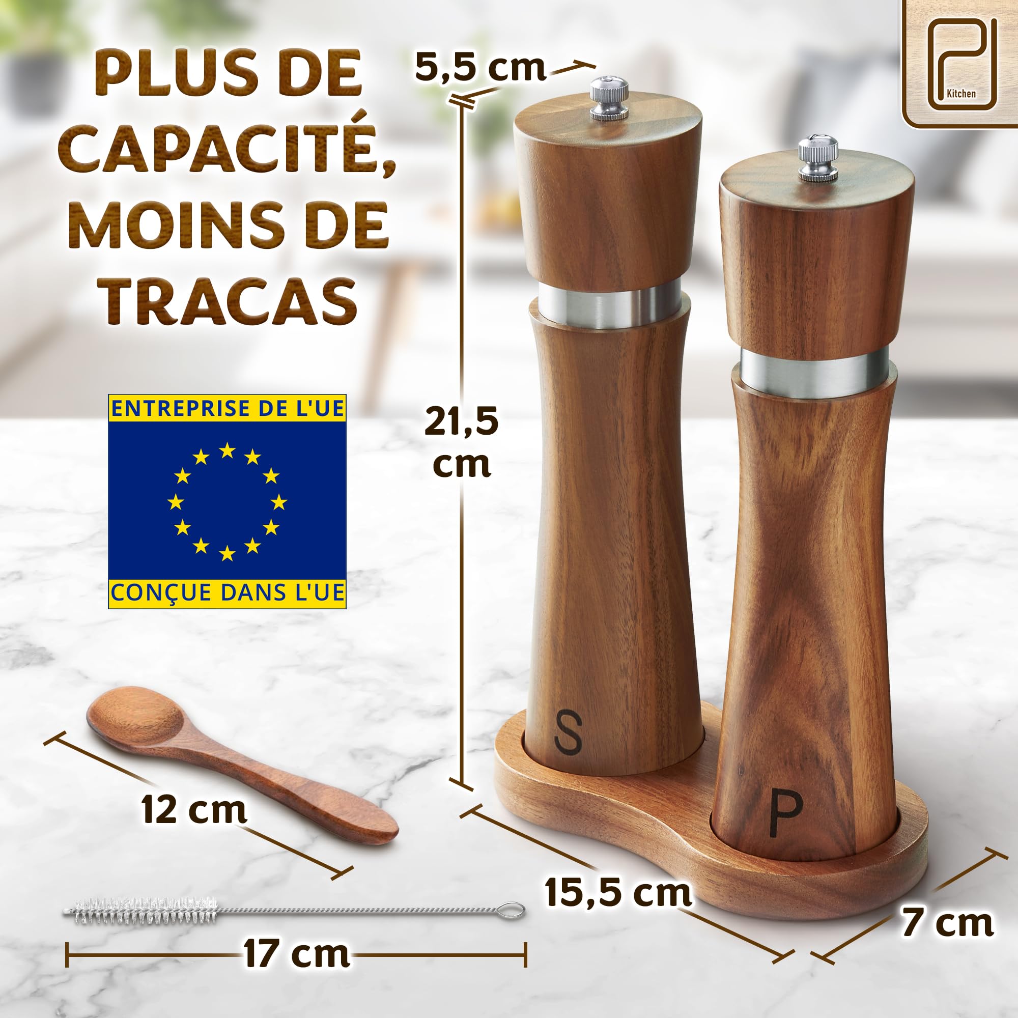 PJC-Kitchen Ensemble de Moulins à Sel et Poivre en Bois d’Acacia avec Plateau - 60 g
