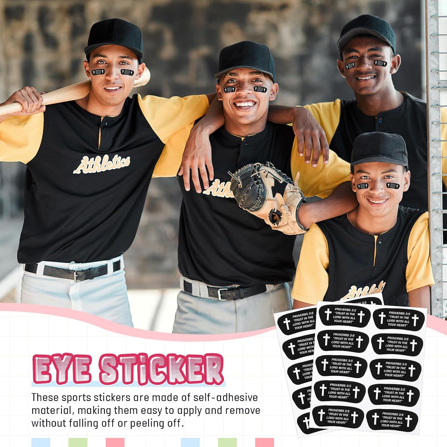 Funnysoft 120 Pcs Christian Eye Black Stickers Cross Bible Verses Eye Black for Baseball Face Stickers Football Sport Themed Party Supplies Strips Favor Spirit Day Accessories