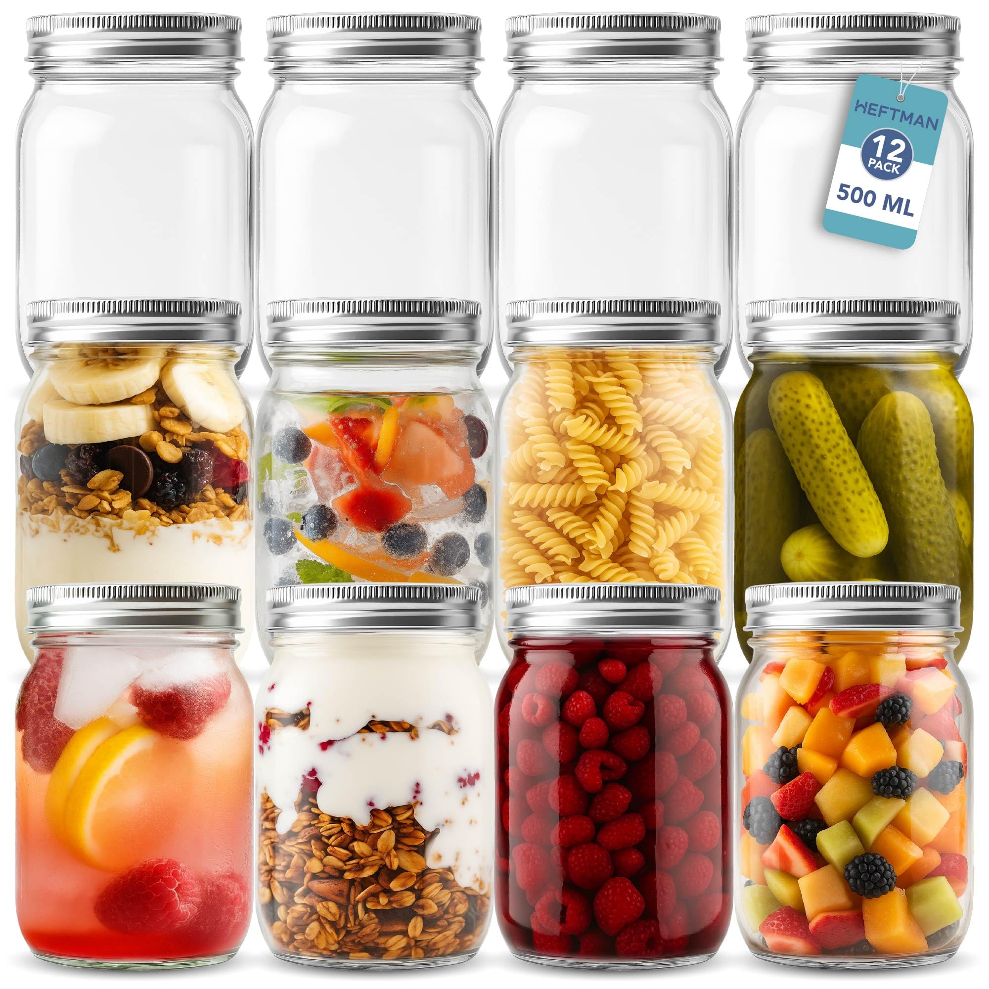 Heftman Transparent Glass Mason Jars With Lids - Set Of 12 500Ml Air Tight Jars For Overnight Oats, Homemade Jam - Sturdy Glass Jar With Lid For Honey, Pickling, Preserving, Food Storage (500Ml)