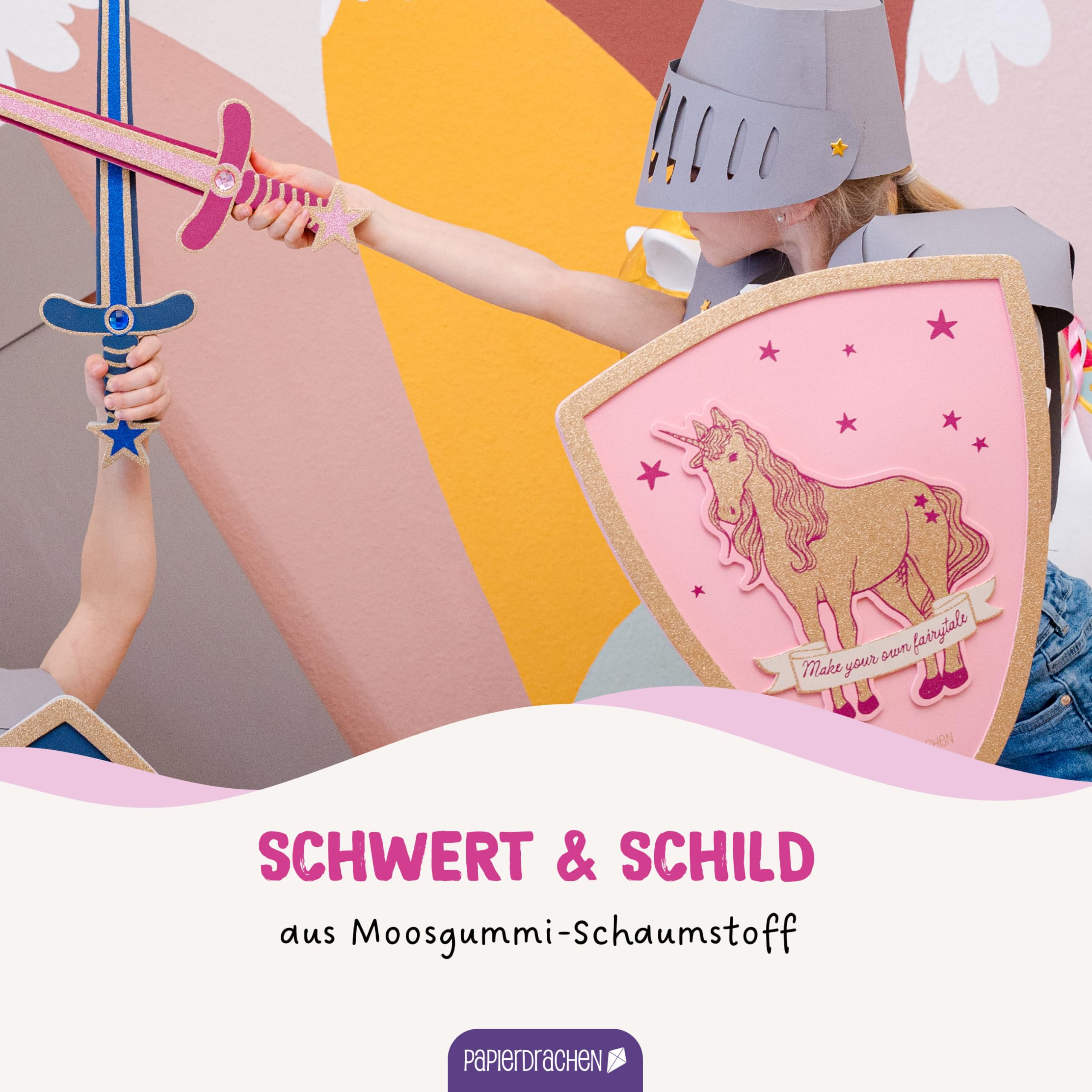 Papierdrachen Schwert und Schild für Kinder - Motiv Drache - Schriftzug Hero of your own story - blau und gold - Verkleidung - Ritter - fantasievolles Spielen