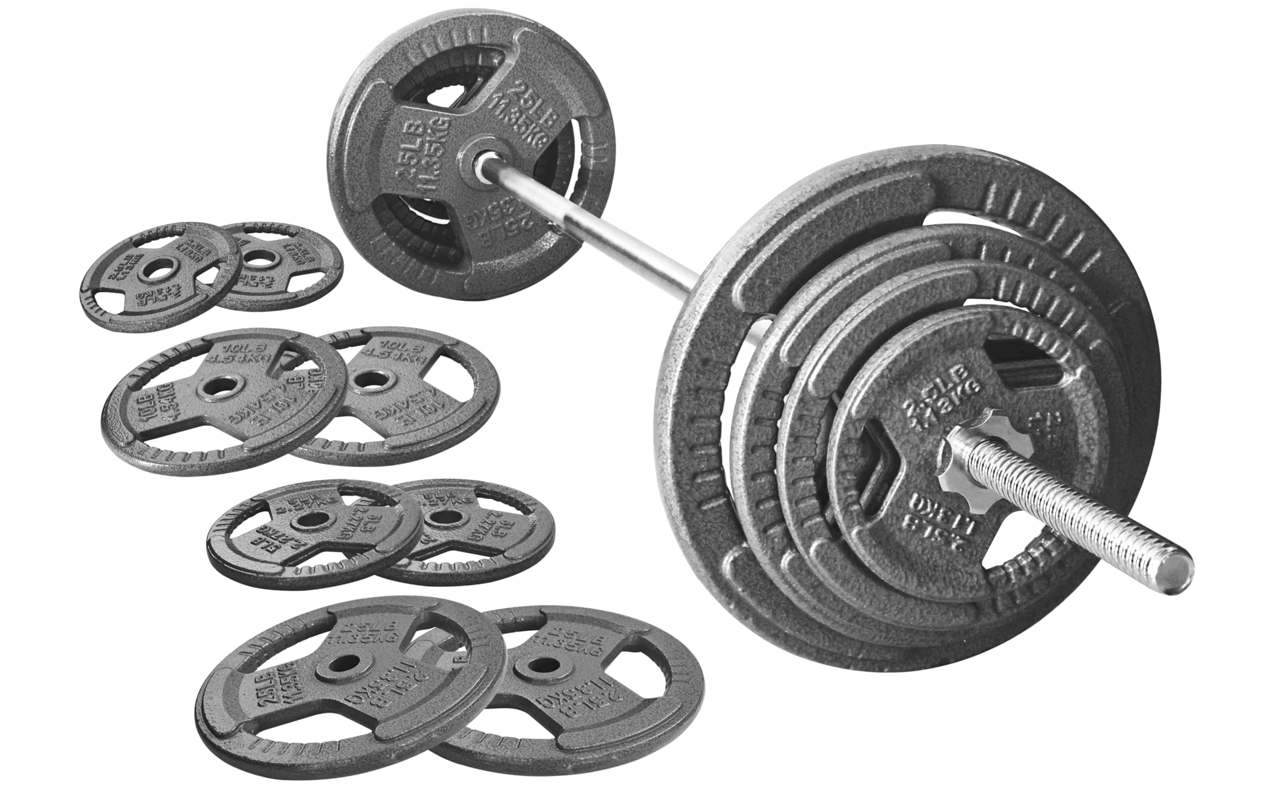 Photo 1 of ***PLATES ONLY***Fitvids 1 Inch Standard Barbell Weight Plates and Bar Set, 5 FT Barbell Bar and 85 LB(2.5-25 LB) Barbell Weight Set for Home Gym Strength Training, Triple-handle Design