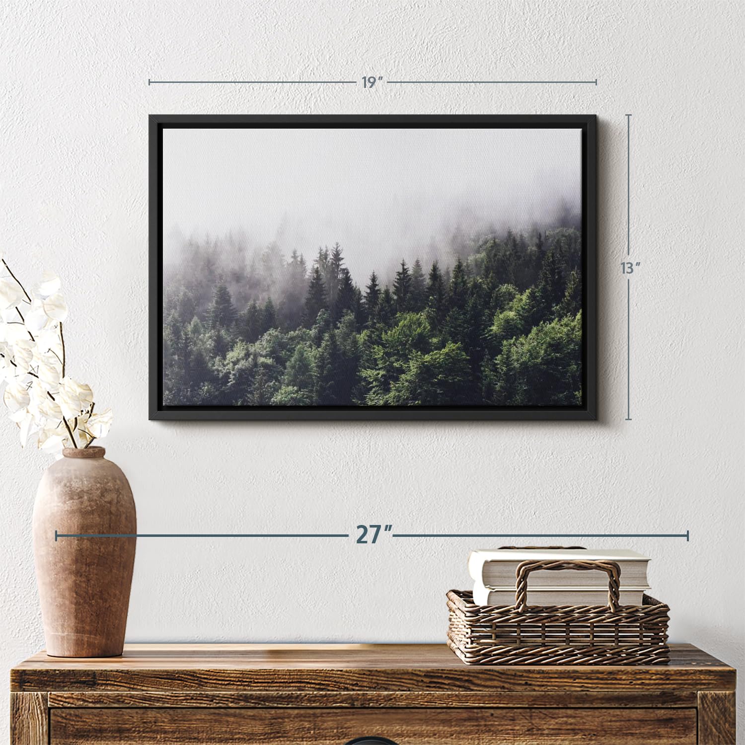 Elephant Stock Hazy Pine Forest Wall Art - Horizontal Floating Framed Canvas - 1-Piece Living Room Wall Decor - Photography Nature Canvas Print - Gray and White Decor for Wall - 19