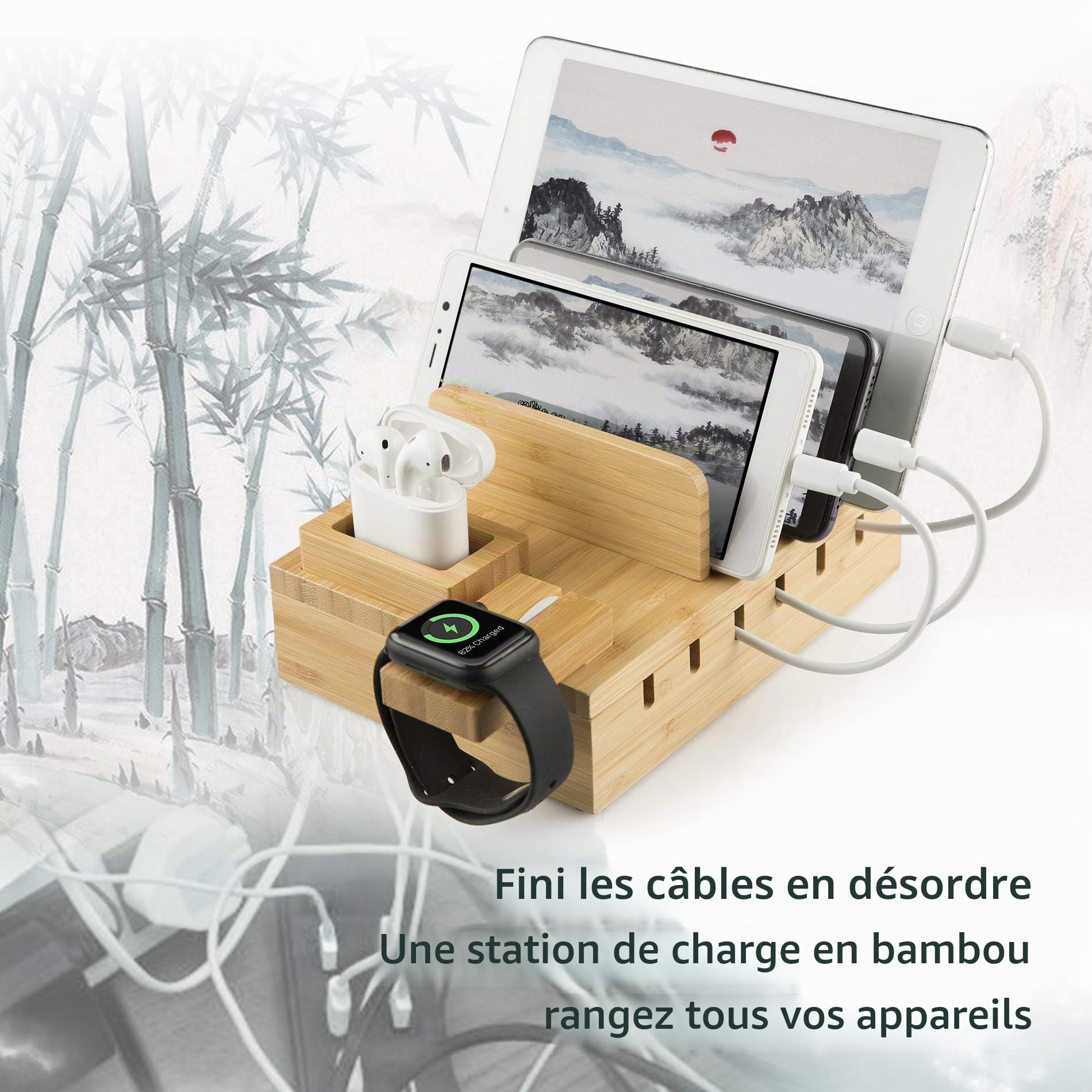 Station de Charge Bambou Chargeur Multiple USB Bamboo YOJA 5 Ports USB Station Recharge en Bois pour Smartphone Tablette Écouteurs Watch Pods Chargeur avec 5 câbles Courts