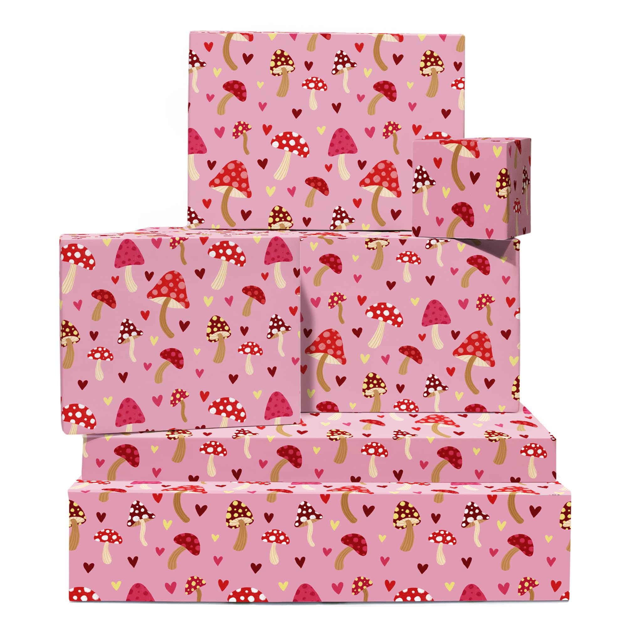 Mushroom Wrapping Paper - Pink Wrapping Paper - Heart - 6 Sheets Of Gift Wrap - Pink And Red Mushrooms - For Birthday Hen Do Anniversary - Recyclable - By Central 23