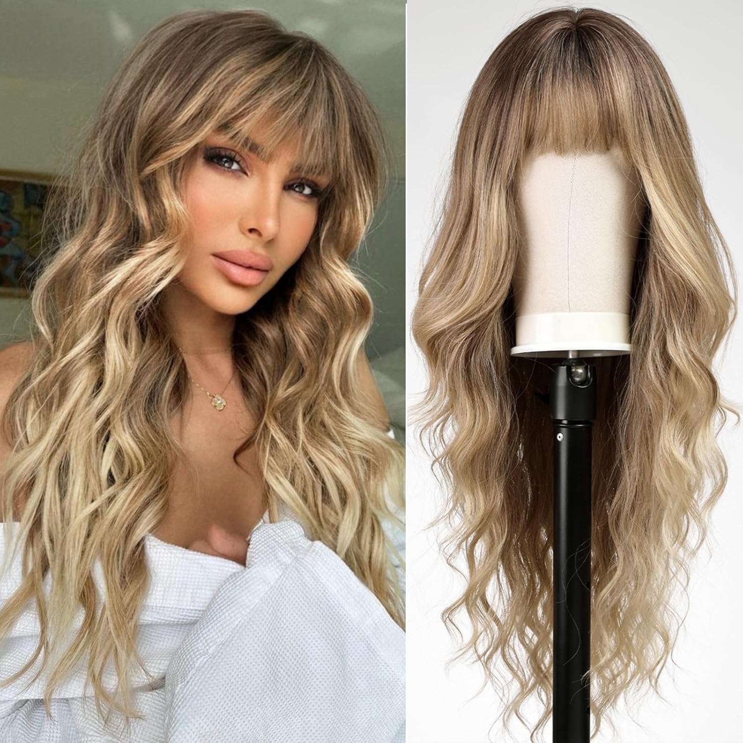 KOME Light Blonde Wigs with Bangs,613 Blonde mixed Long Wavy Wig for Women,Long Curly Synthetic Hair Wig for Party Daily Use 26IN…