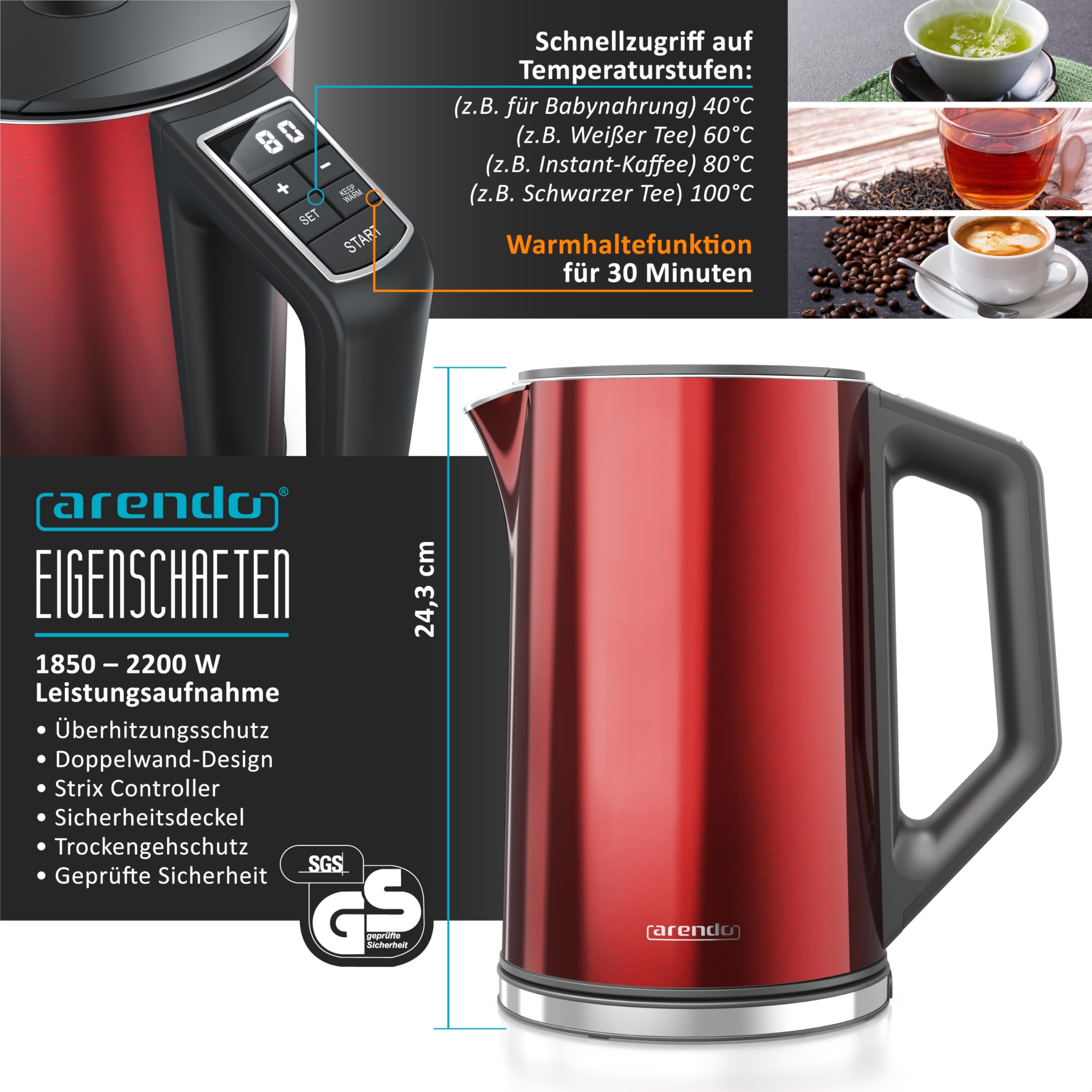 Arendo Wasserkocher Toaster Eierkocher Set Edelstahl Temperatureinstellung 4 Scheiben Langschlitz 1-6 Eier Küchenset Rot