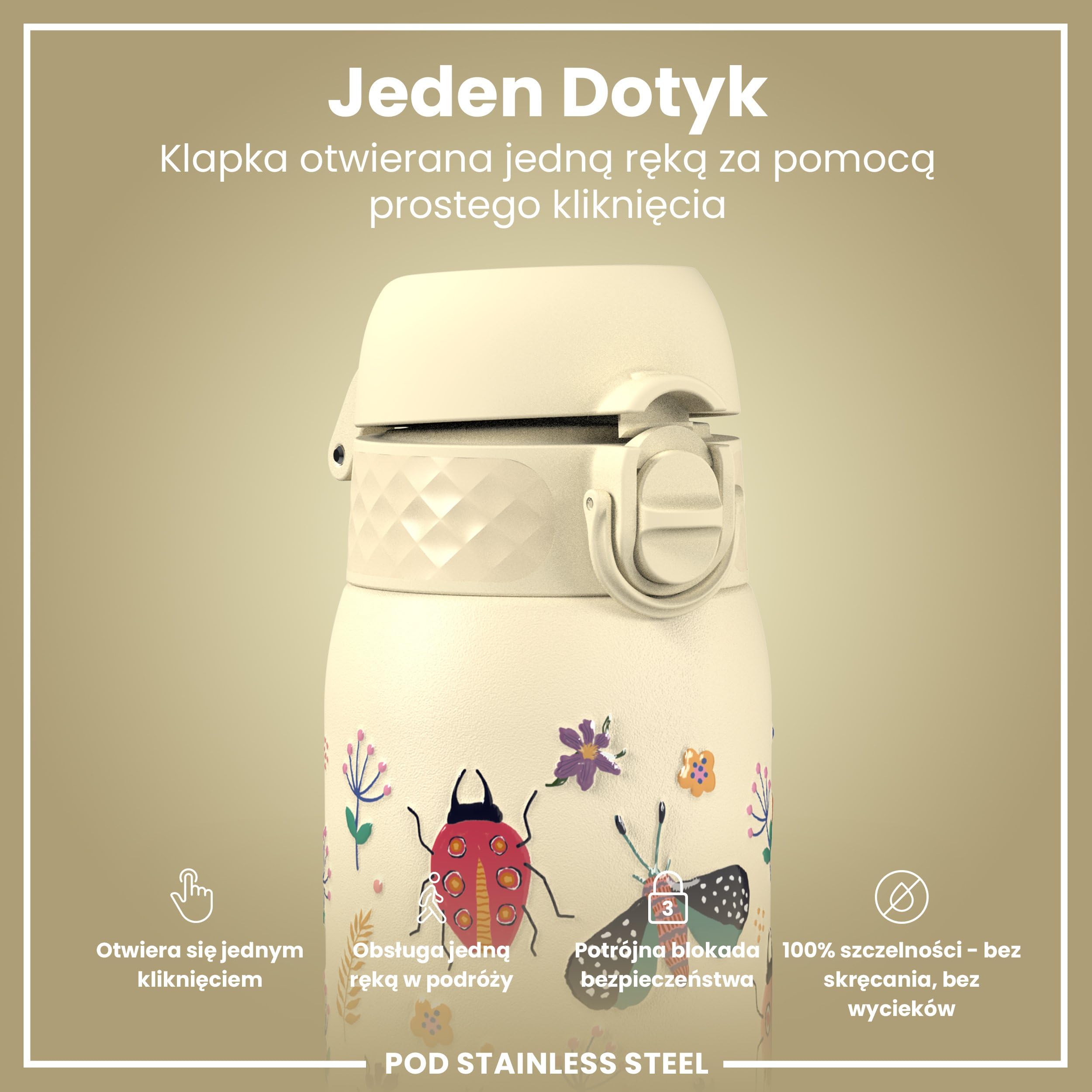 ION8 Butelka na Wodę dla Dzieci ze Lekki Stali, 400 ml/13 oz, Nieocieplany, Szczelna, Łatwa do Otwarcia, Bezpieczny Zamek, Można Myć w Zmywarce, Składany Uchwyt, Łatwa w Czyszczeniu, Owady I Życie