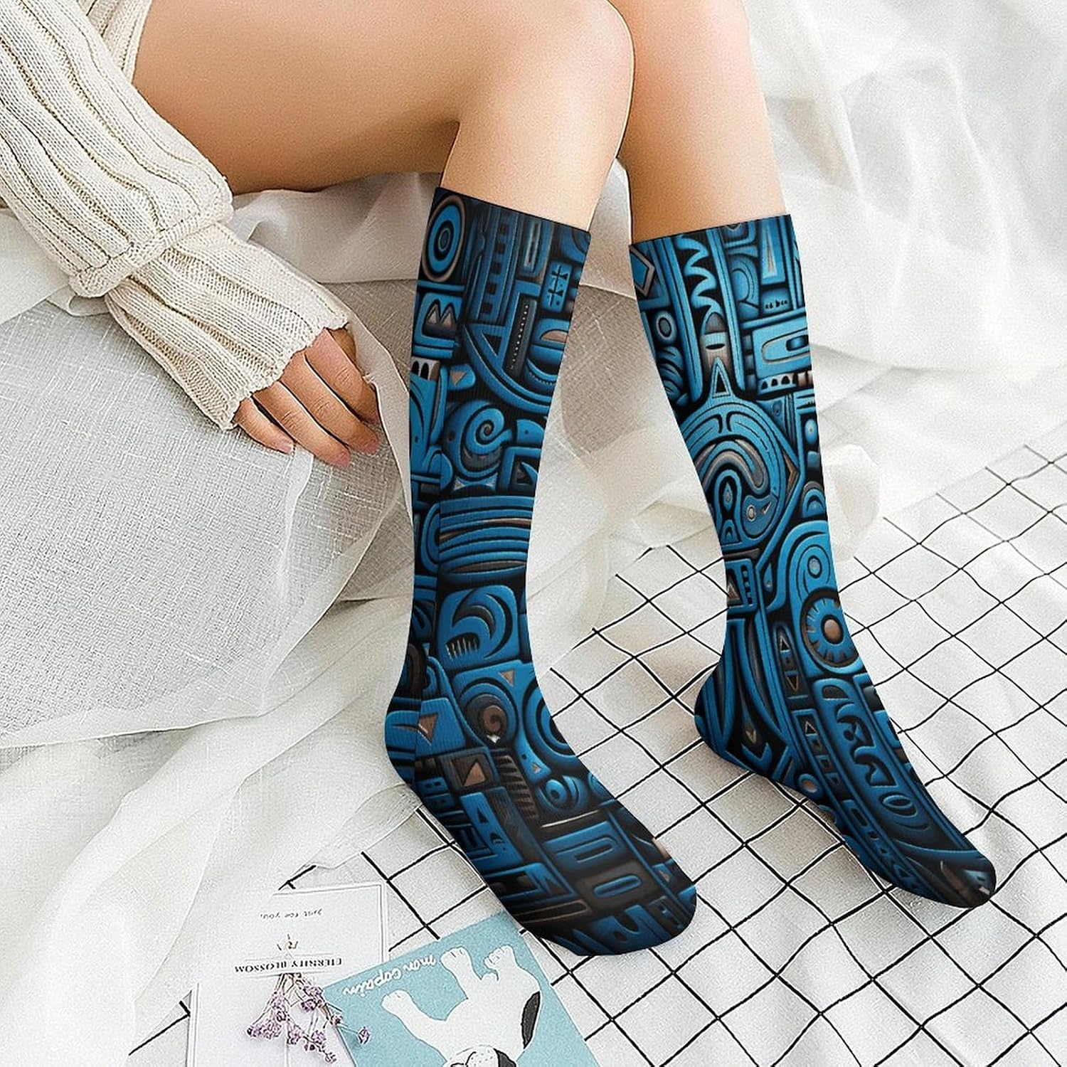 Blue And Black Tribal Pattern Crew Socks Soft Thermal Socks | Socks for Men Women-Casual Wicking,High Stocking for Sports Running-Long Thin Tube Sports Breathable