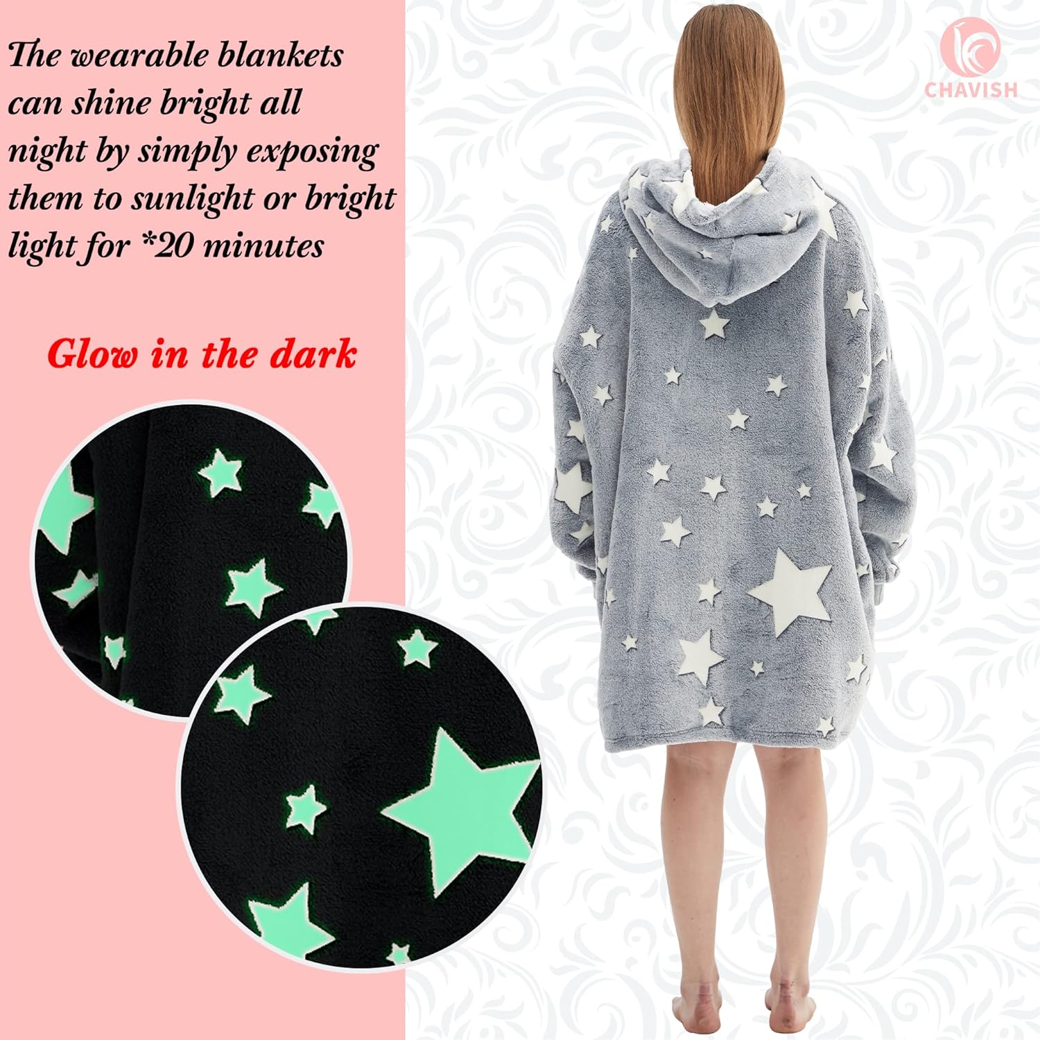 Wearable Blanket Hoodie Oversized, Glow in The Dark Soft Plush Warm Hooded Blanket Sweatshirt for Adults Women Men
