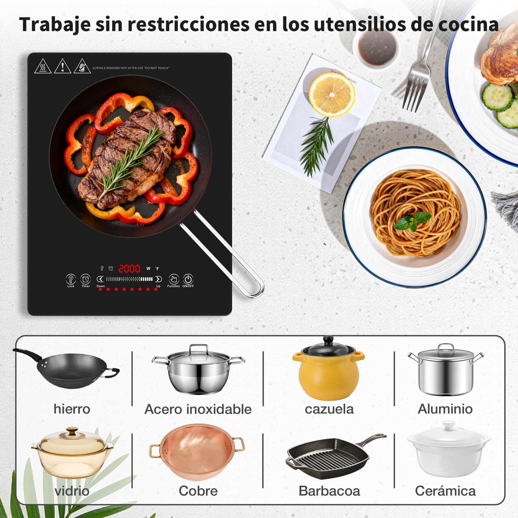VBGK vitro portatil 1 fuego，220V 2000W placa vitroceramica con control táctil LED, 10 niveles de potencia, temporizador de 4 horas, bloqueo de seguridad y protección contra sobrecalentamiento.