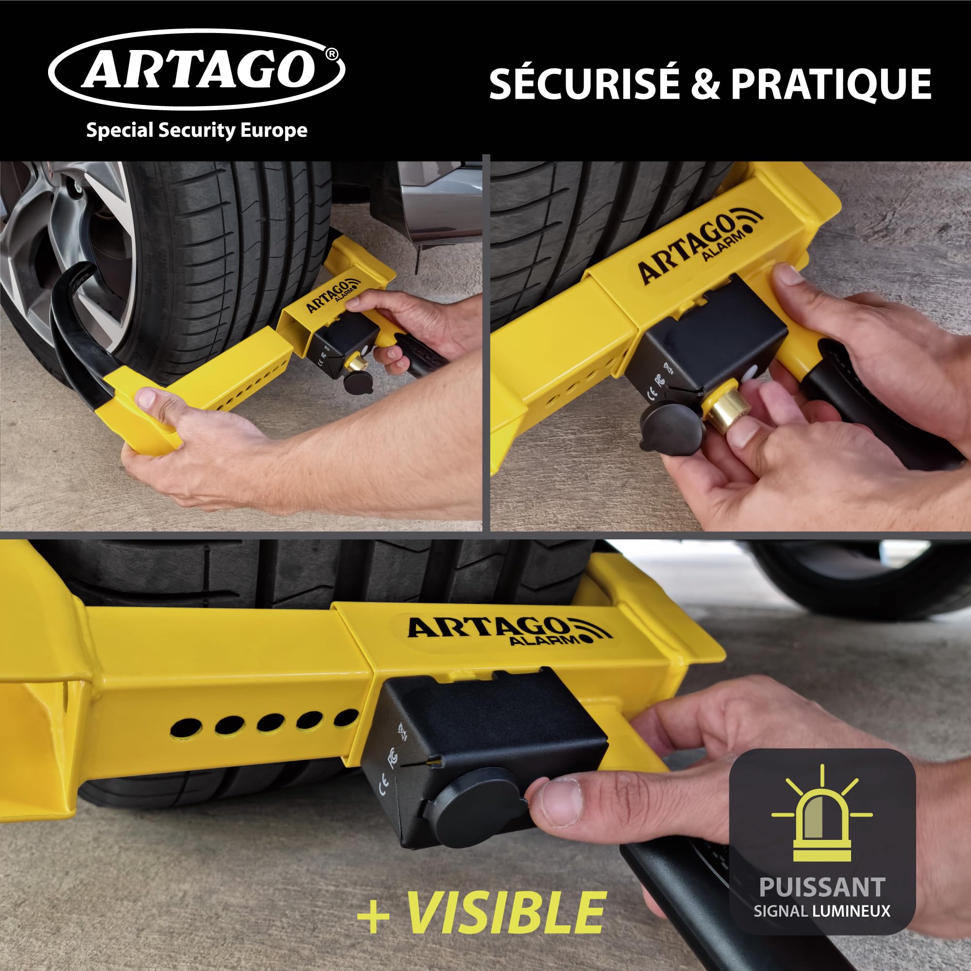 ARTAGO ART872 Antivol Voiture Sabot Roue Haut de Gamme, 2en1 Sans/Avec Alarme 120dB Alerte LED Plus Sûr et Dissuasif, Clés Haute Sécurité, Bloque Anti vol Caravane Universel Auto Camping-Car Remorque