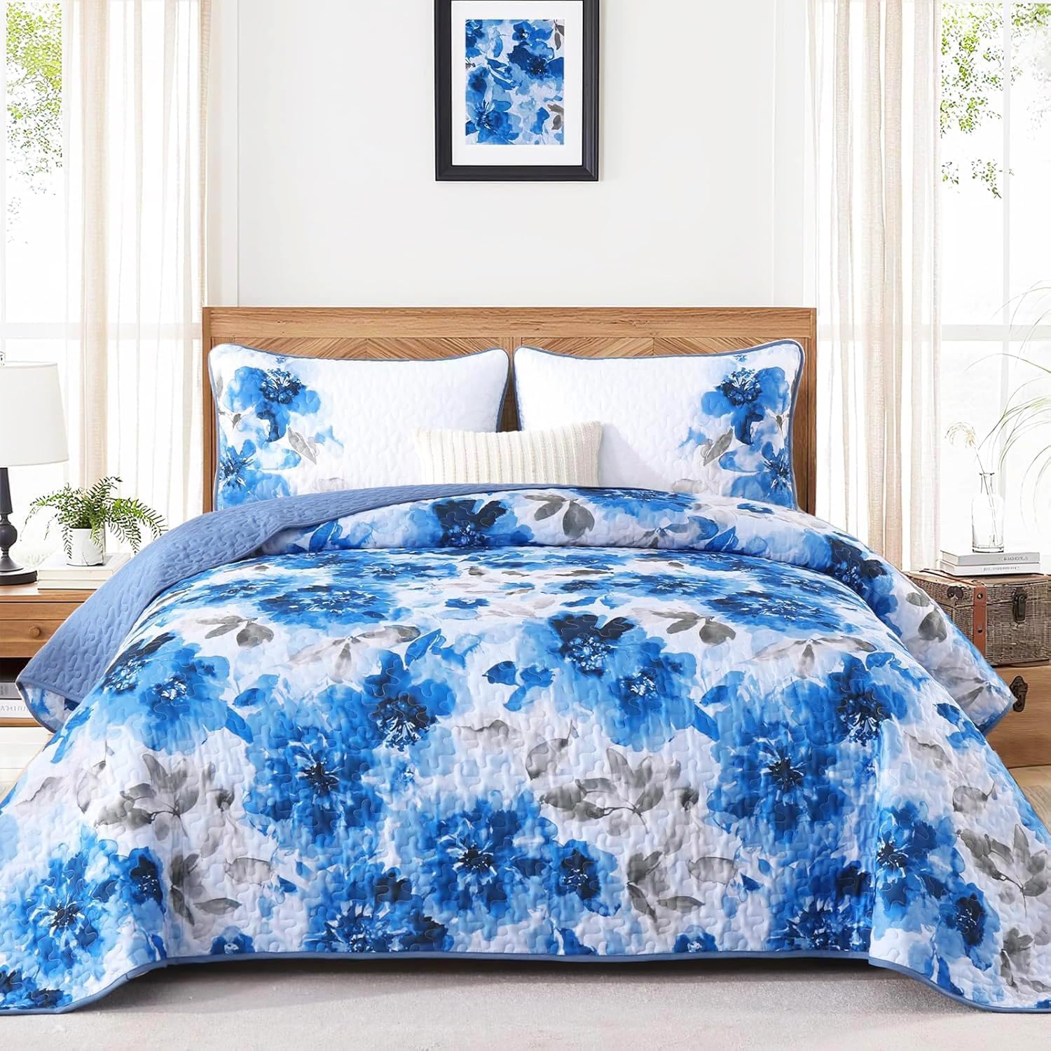Luxudecor Floral Quilt Set Queen Size - 3 Pieces Blue Watercolor Botanical Bedspread Coverlet Set with 2 Pillowcases, Lightweight Soft Bedding Set for All Seasons 96"x90" - Image 2