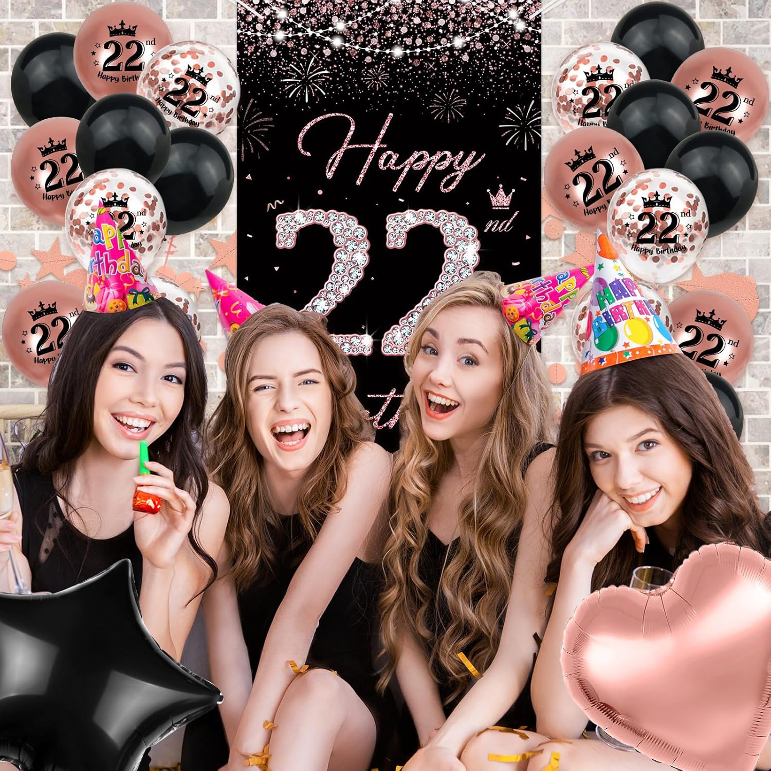 Rose Gold 22nd Birthday Decorations - Happy Birthday Banner, Backdrop, Balloons, Pompoms & Star Streamers - Image 4