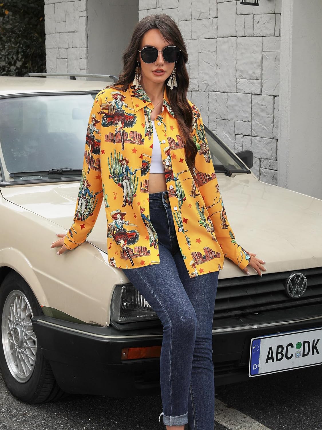 MYMORE ❷⓿❷❺ Women's Western Cowgirl Graphic Button Down Shirt Long Rolled 3/4 Sleeve Floral Print Cowboy Shirts - Image 6