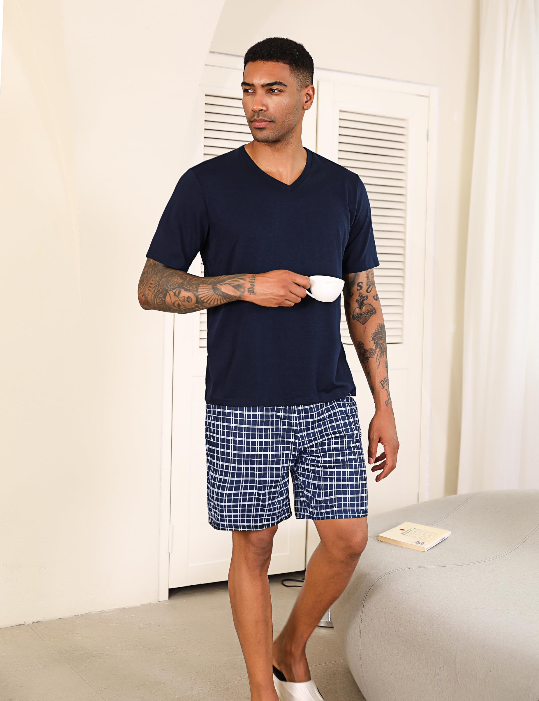 Bresdk Schlafanzug Herren Pyjama Set Kurz Baumwolle Sommer Nachtwäsche Set Männer S-4XL