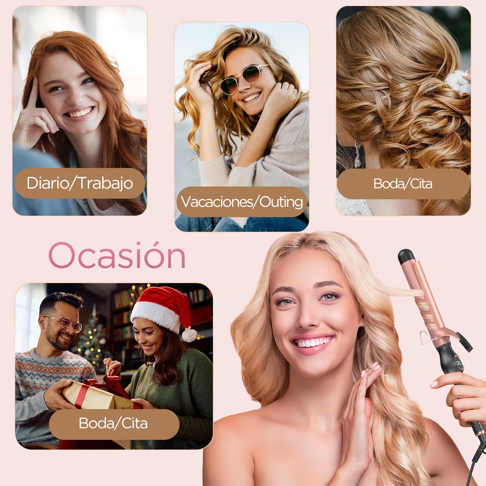 BESTOPE PRO Rizador Pelo Ondas 32mm, Rizador de Pelo para Rizos Grandes,Multi-Temperatura Seleccionable, Tenacillas para Rizar el Pelo con Calentamiento Rápido y Gran Pantalla LCD, Oro Rosa