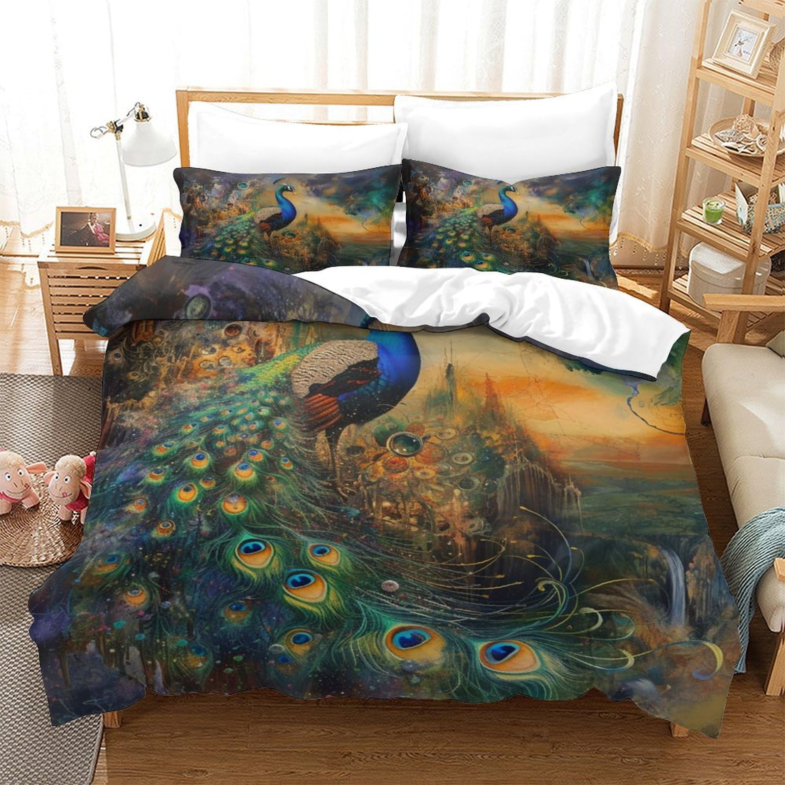 Parure de lit 140x200 cm paon 3D en microfibres avec housse